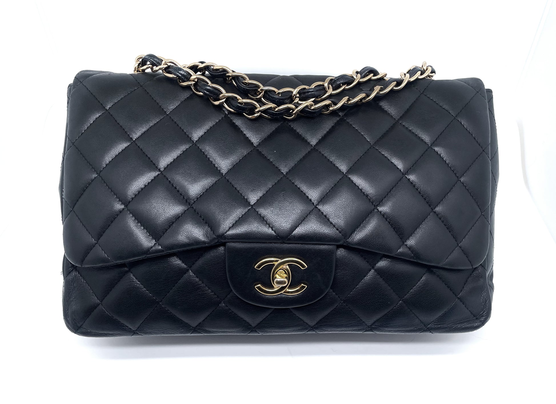 Sac à main rabat chanel Jumbo single flap en cuir noir d'agneau - Soline