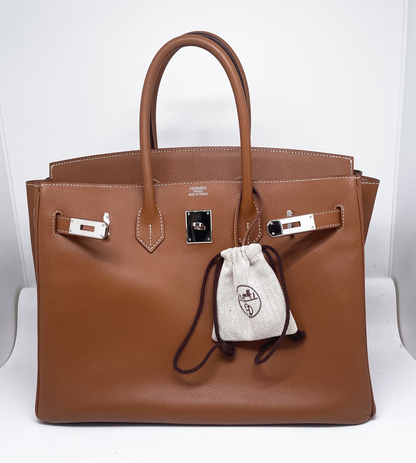 Sac à main Hermès Birkin 35 Gold en cuir Espom et couture blanche - Soline
