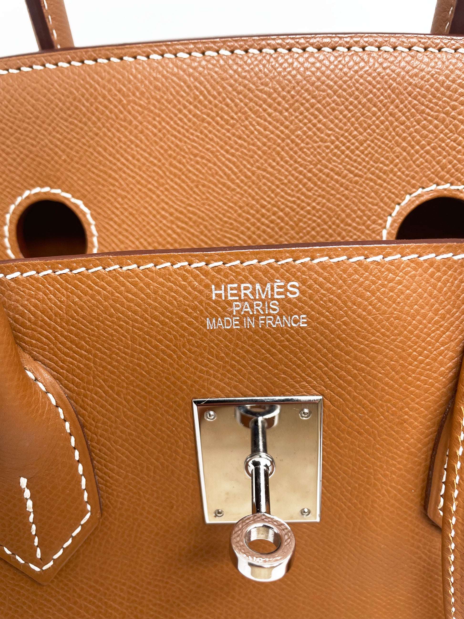 Sac à main Hermès Birkin 35 Gold en cuir Espom et couture blanche - Soline