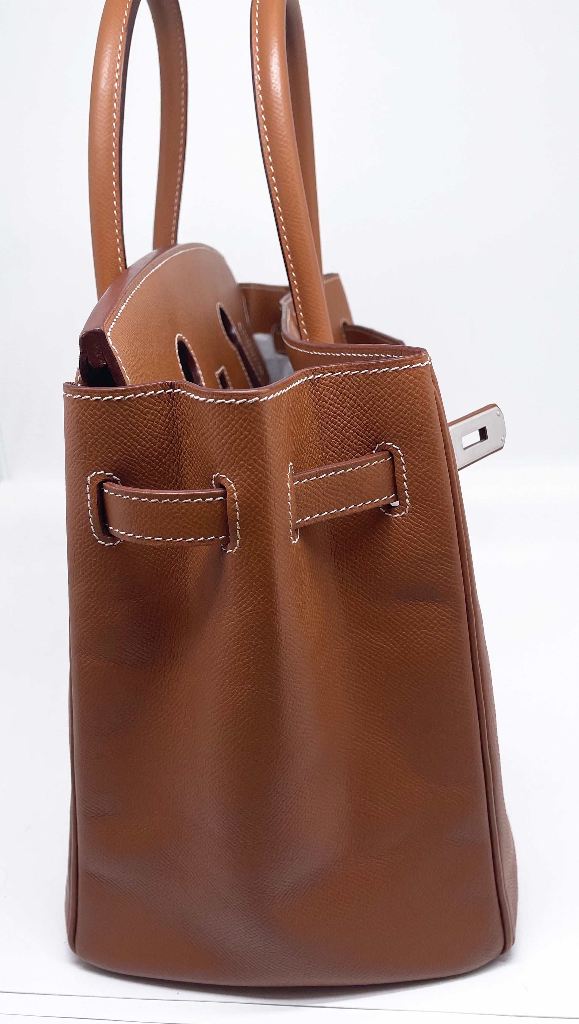 Sac à main Hermès Birkin 35 Gold en cuir Espom et couture blanche - Soline