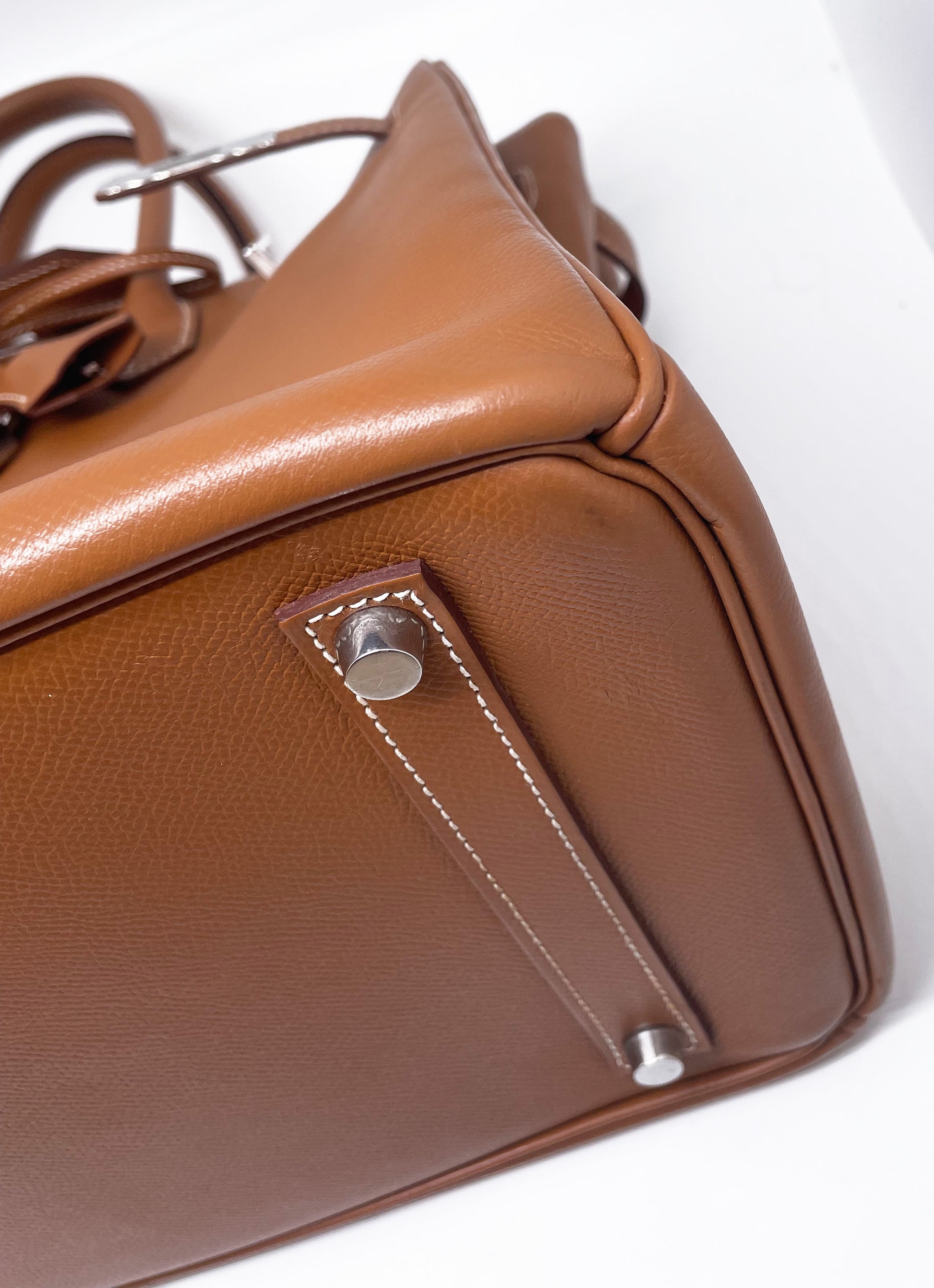 Sac à main Hermès Birkin 35 Gold en cuir Espom et couture blanche - Soline