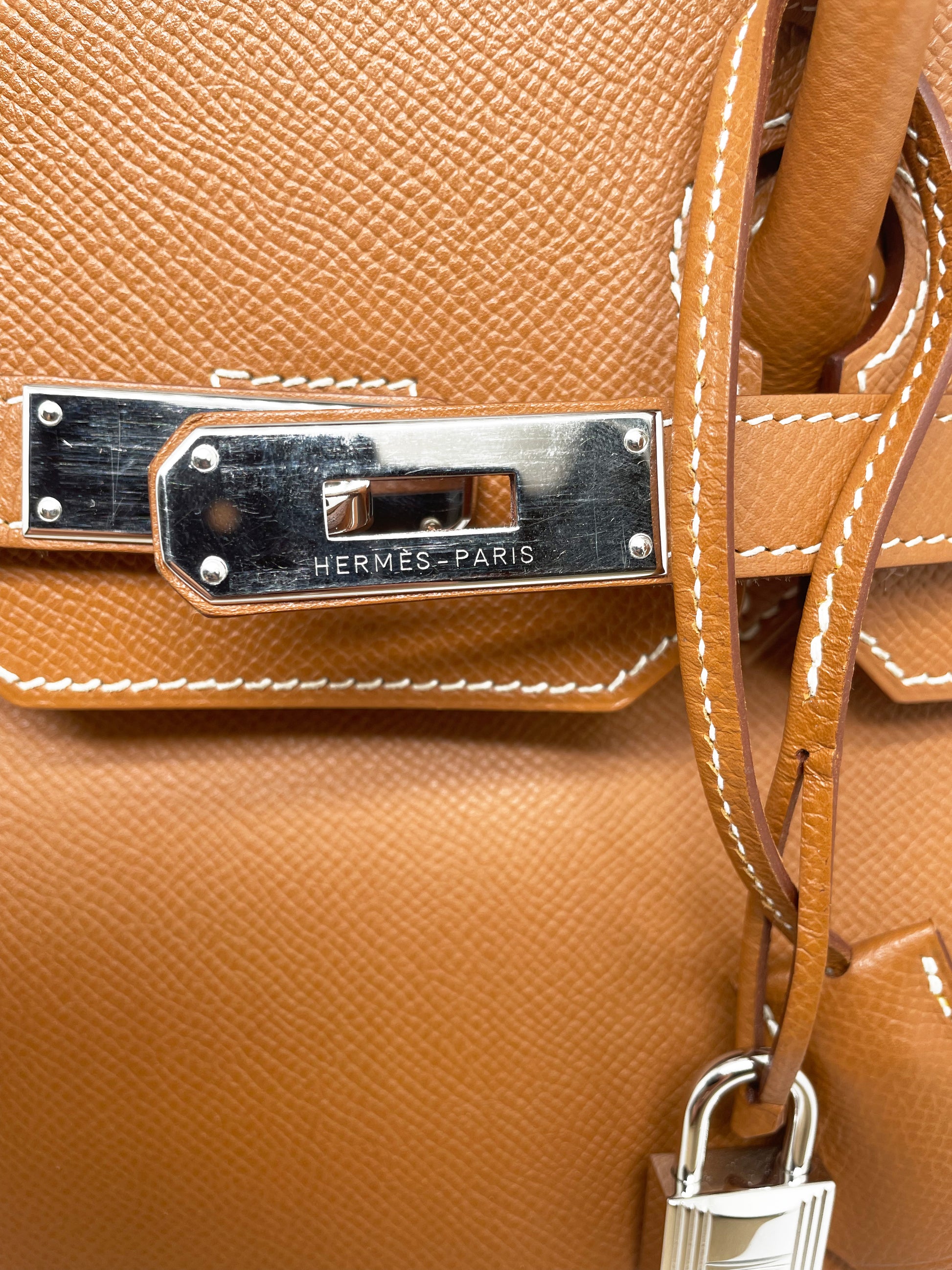 Sac à main Hermès Birkin 35 Gold en cuir Espom et couture blanche - Soline