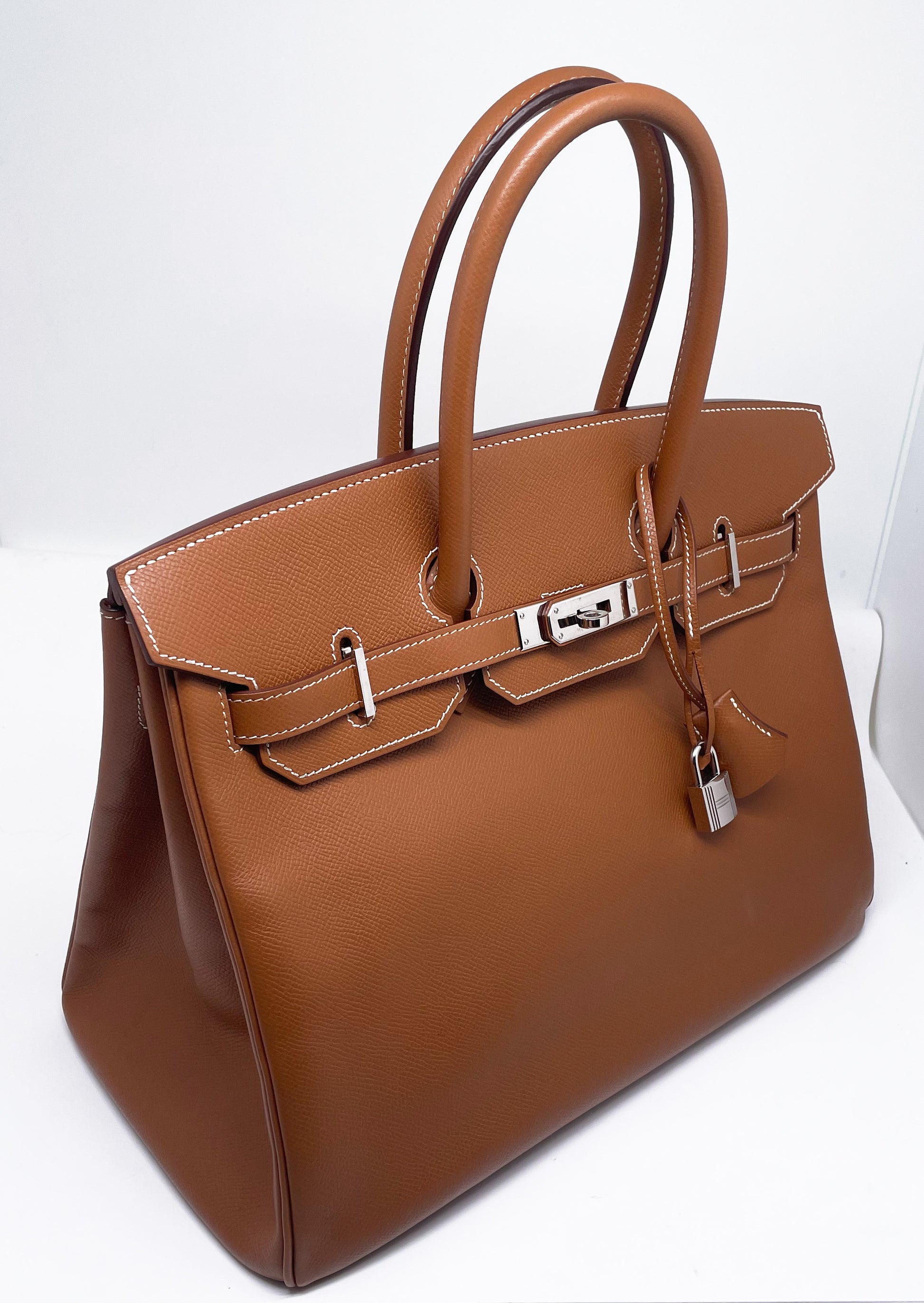 Sac à main Hermès Birkin 35 Gold en cuir Espom et couture blanche - Soline