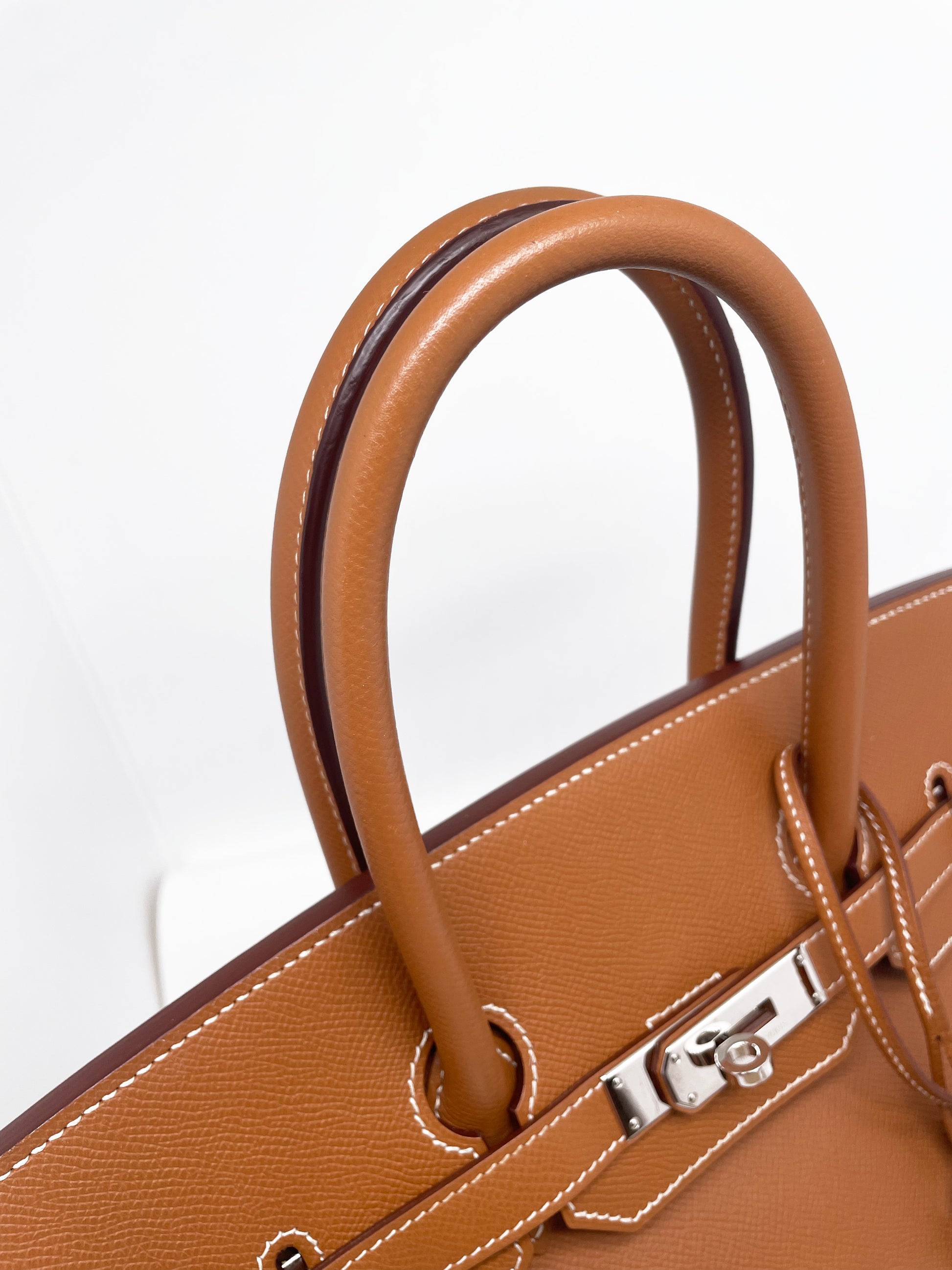 Sac à main Hermès Birkin 35 Gold en cuir Espom et couture blanche - Soline