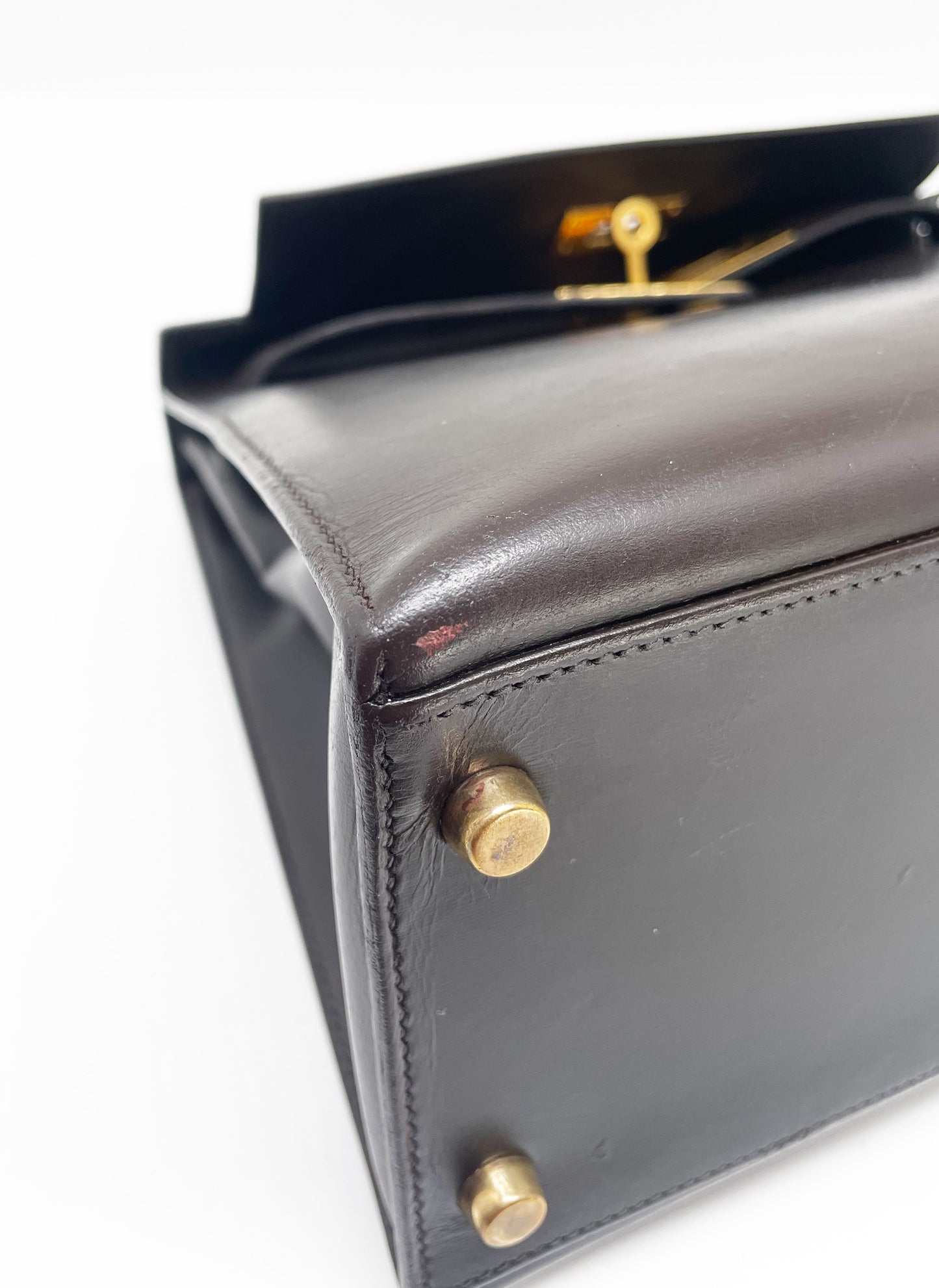 Sac Hermès Kelly 28 SELLIER chocolat en cuir box - Soline