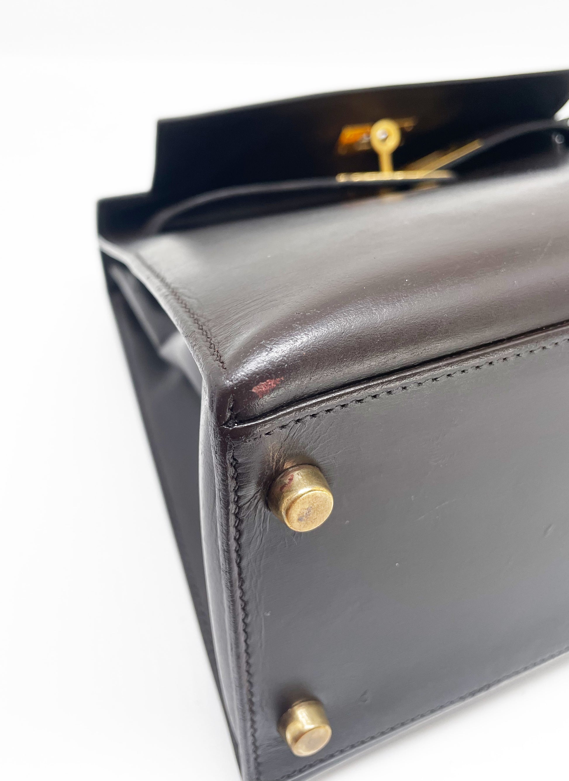 Sac Hermès Kelly 28 SELLIER chocolat en cuir box - Soline