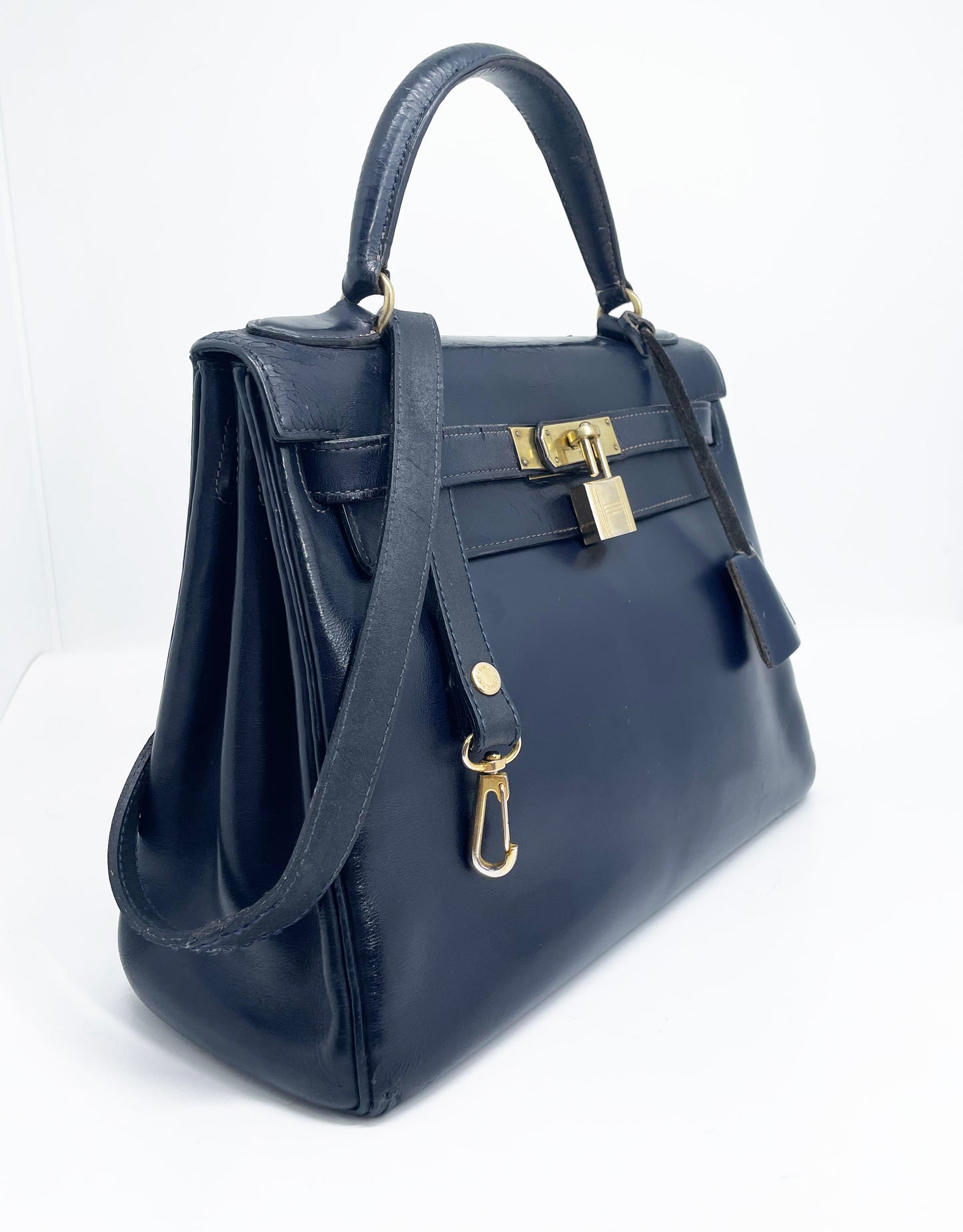 Sac Vintage Hermès Kelly 28 bleu marine en cuir de box - Soline