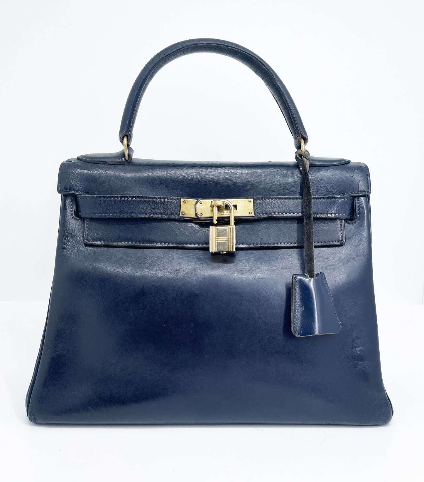 Sac Vintage Hermès Kelly 28 bleu marine en cuir de box - Soline