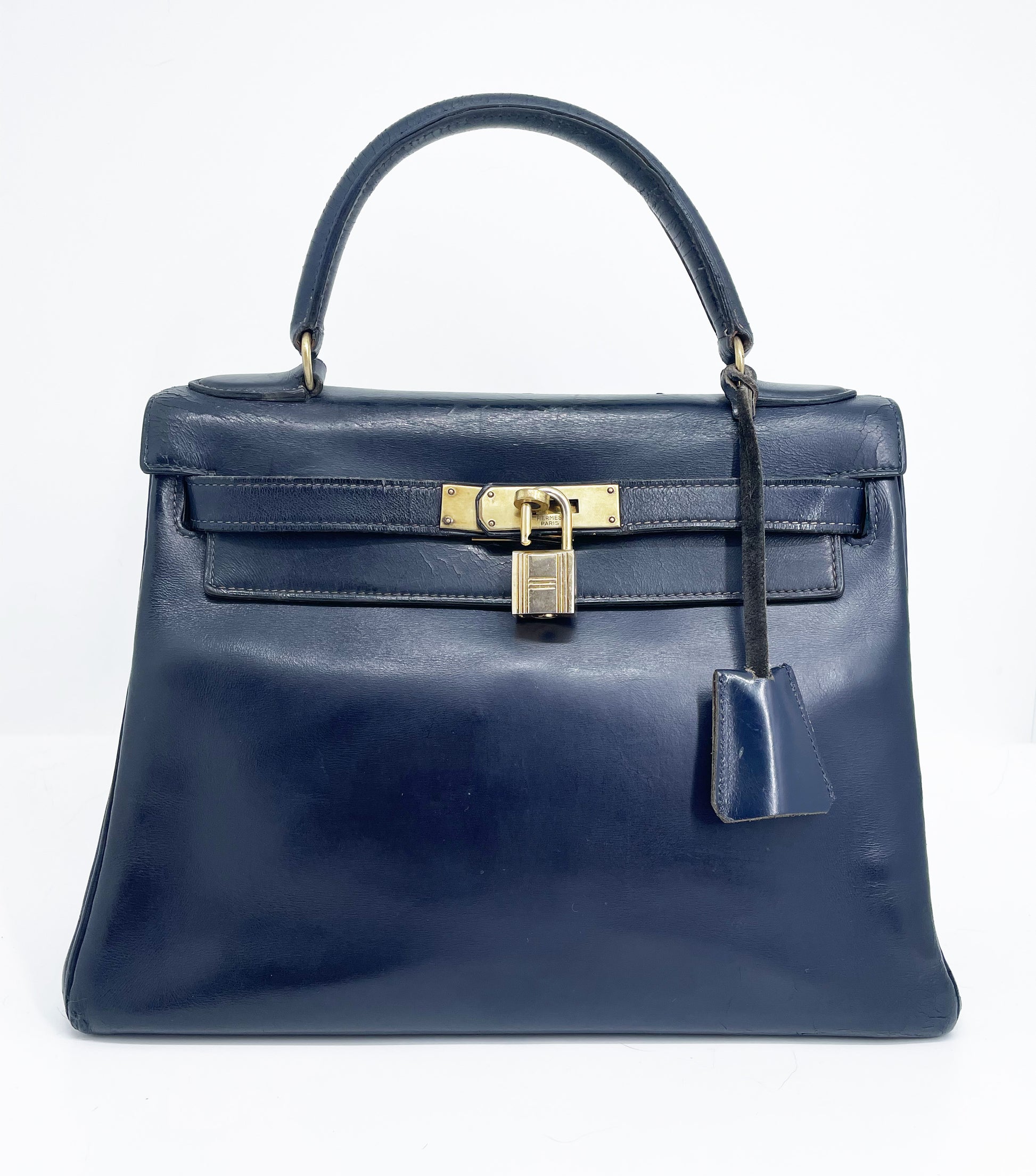 Sac Vintage Hermès Kelly 28 bleu marine en cuir de box - Soline