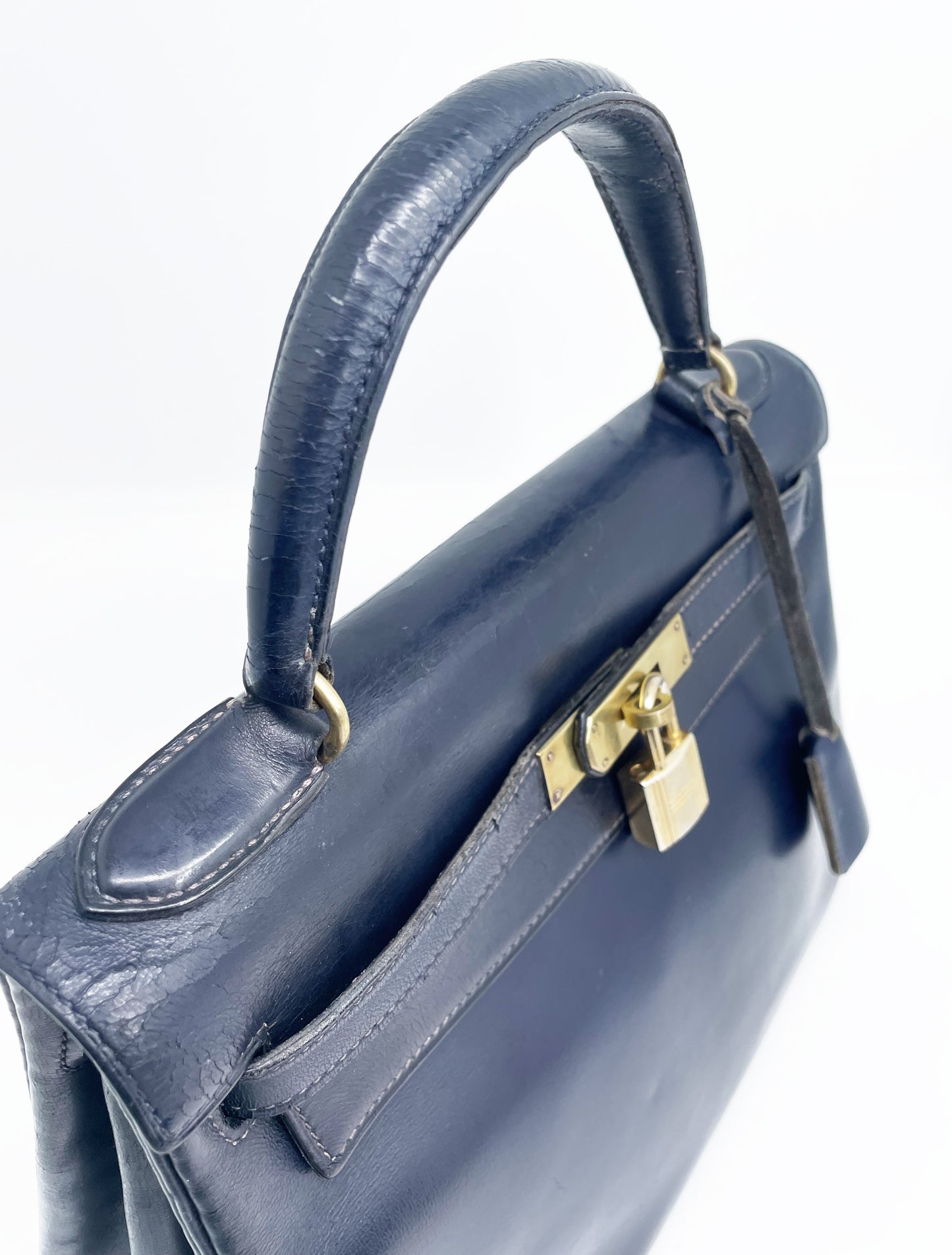 Sac Vintage Hermès Kelly 28 bleu marine en cuir de box - Soline
