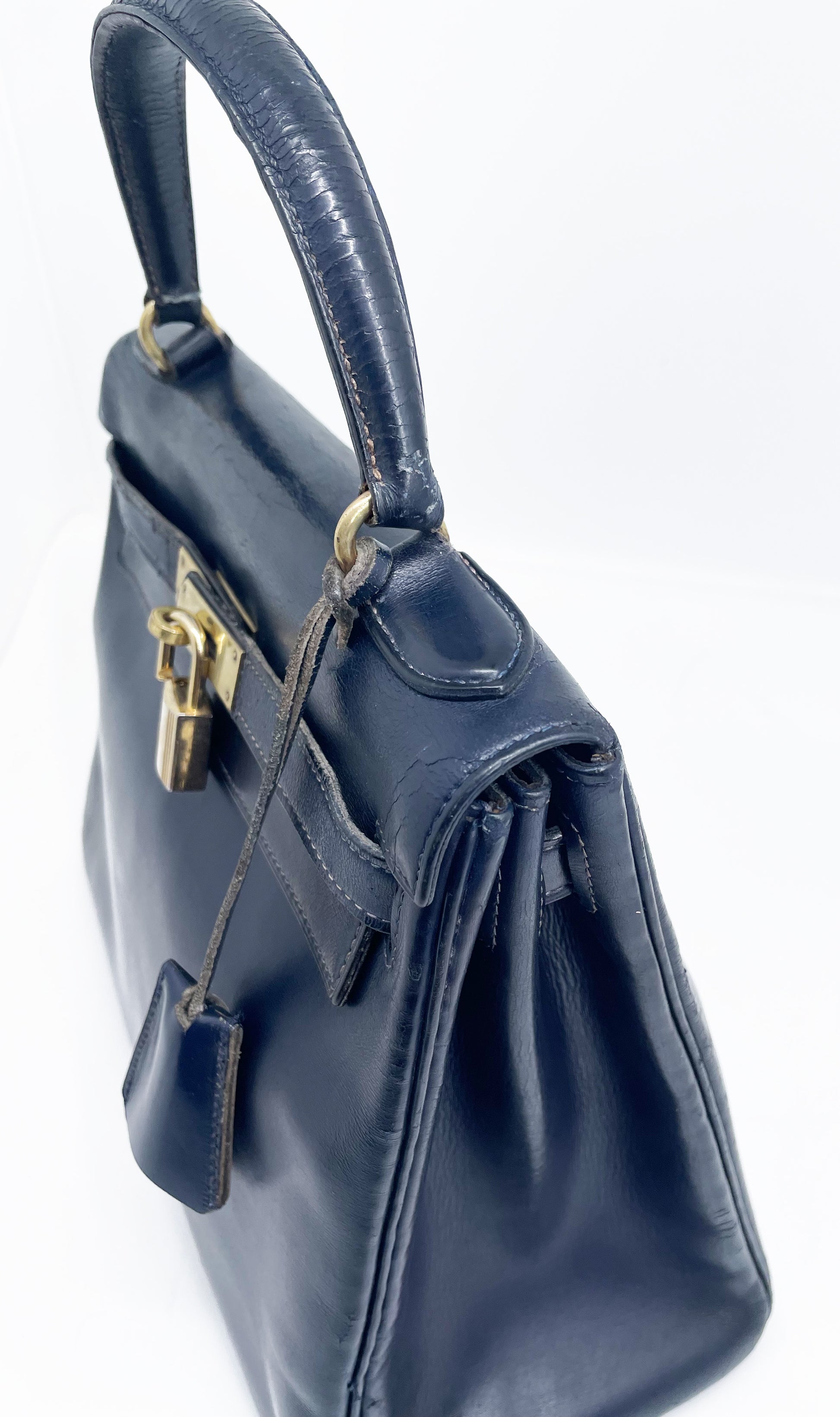 Sac Vintage Hermès Kelly 28 bleu marine en cuir de box - Soline