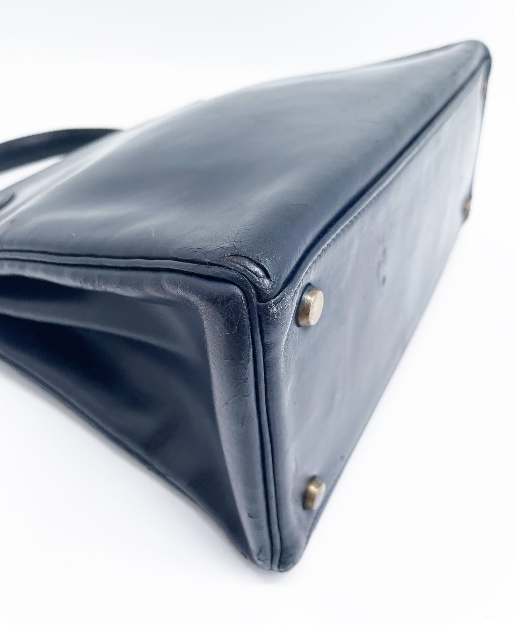 Sac Vintage Hermès Kelly 28 bleu marine en cuir de box - Soline