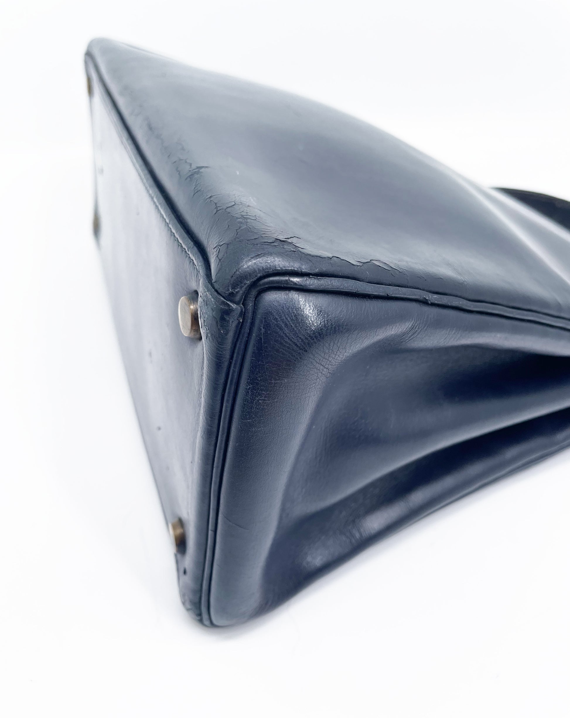 Sac Vintage Hermès Kelly 28 bleu marine en cuir de box - Soline