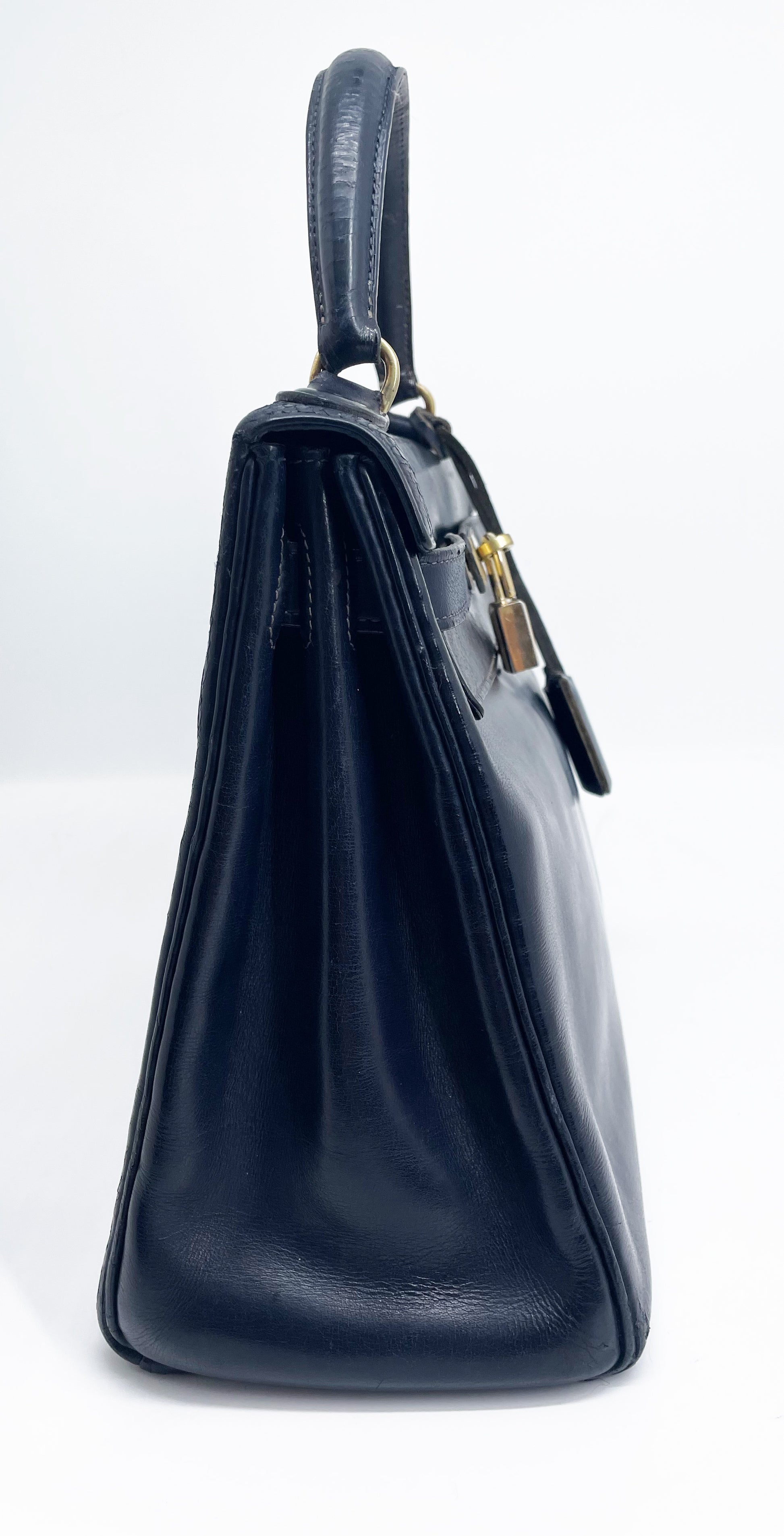 Sac Vintage Hermès Kelly 28 bleu marine en cuir de box - Soline