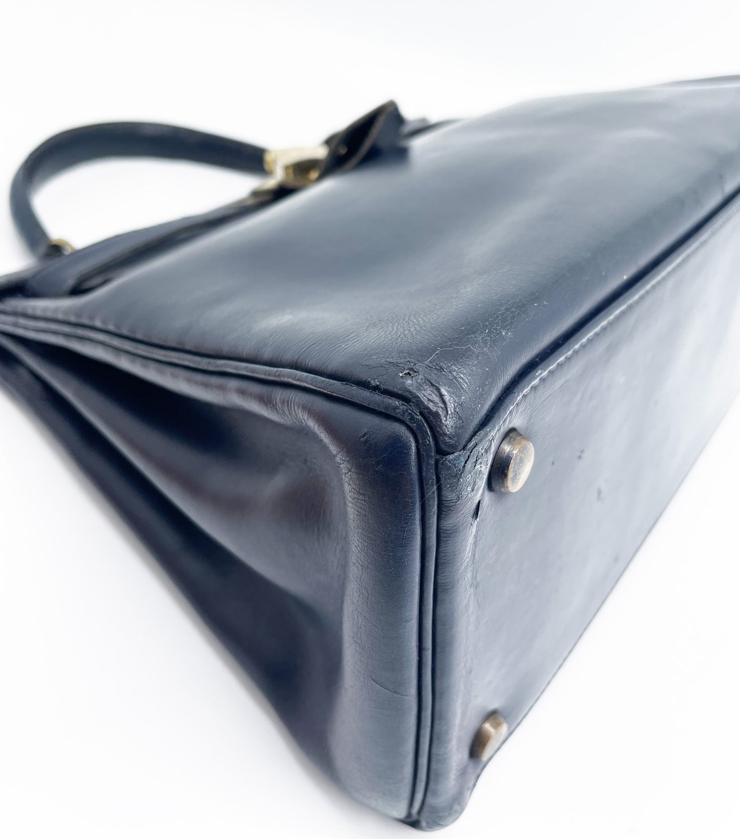 Sac Vintage Hermès Kelly 28 bleu marine en cuir de box - Soline