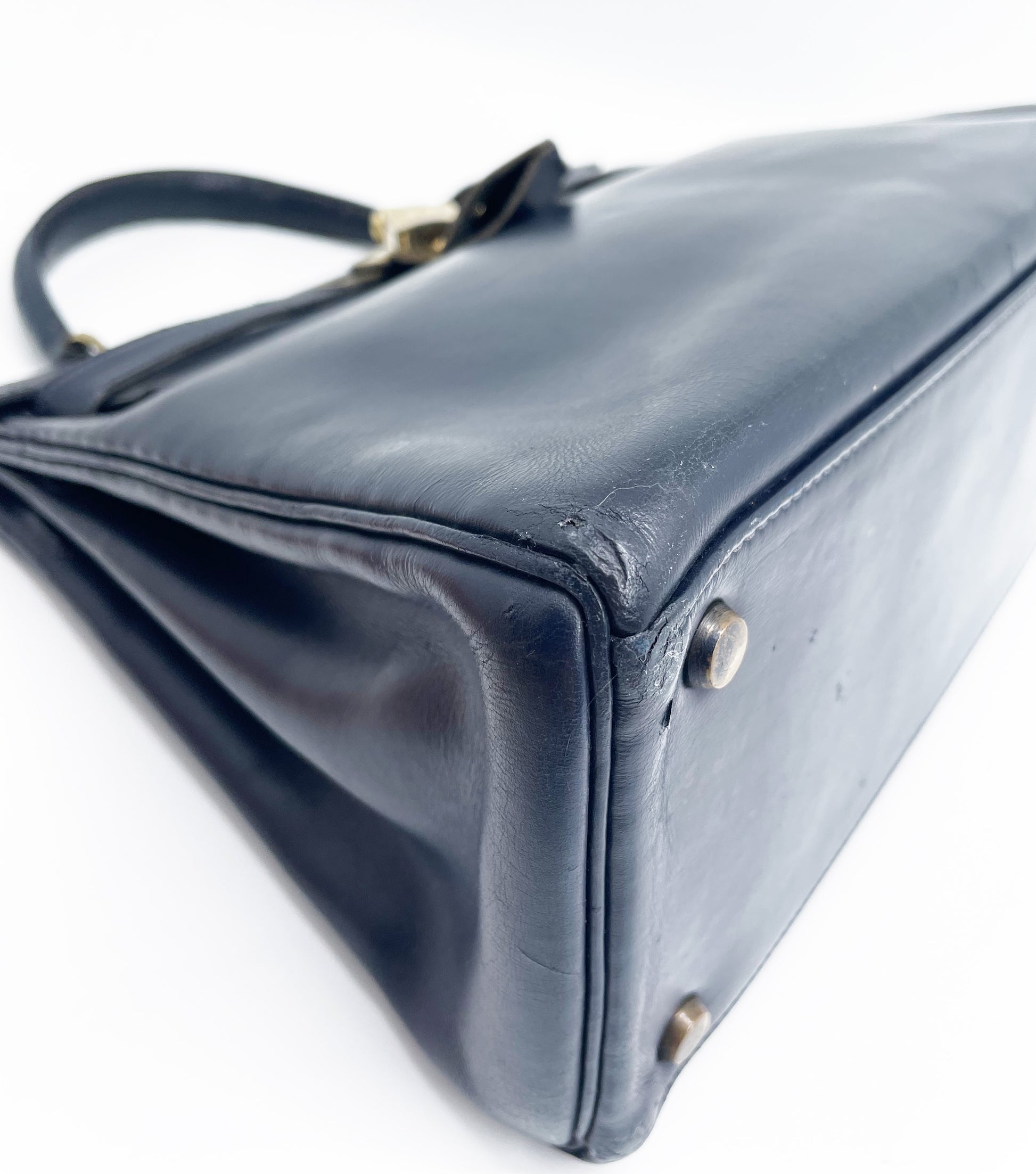 Sac Vintage Hermès Kelly 28 bleu marine en cuir de box - Soline