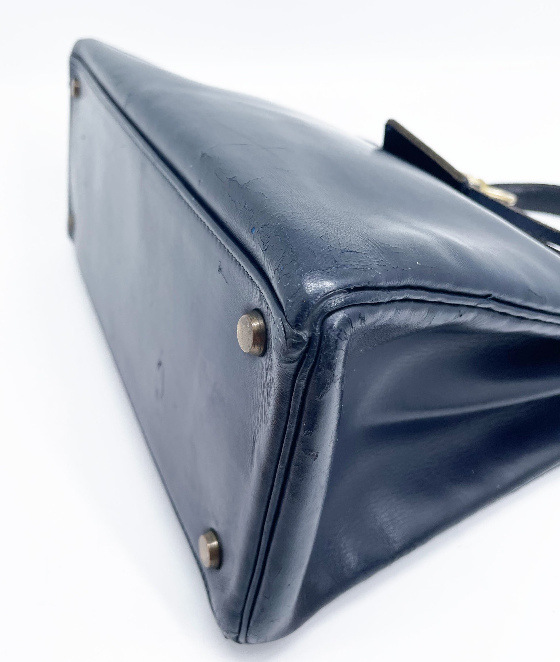 Sac Vintage Hermès Kelly 28 bleu marine en cuir de box - Soline
