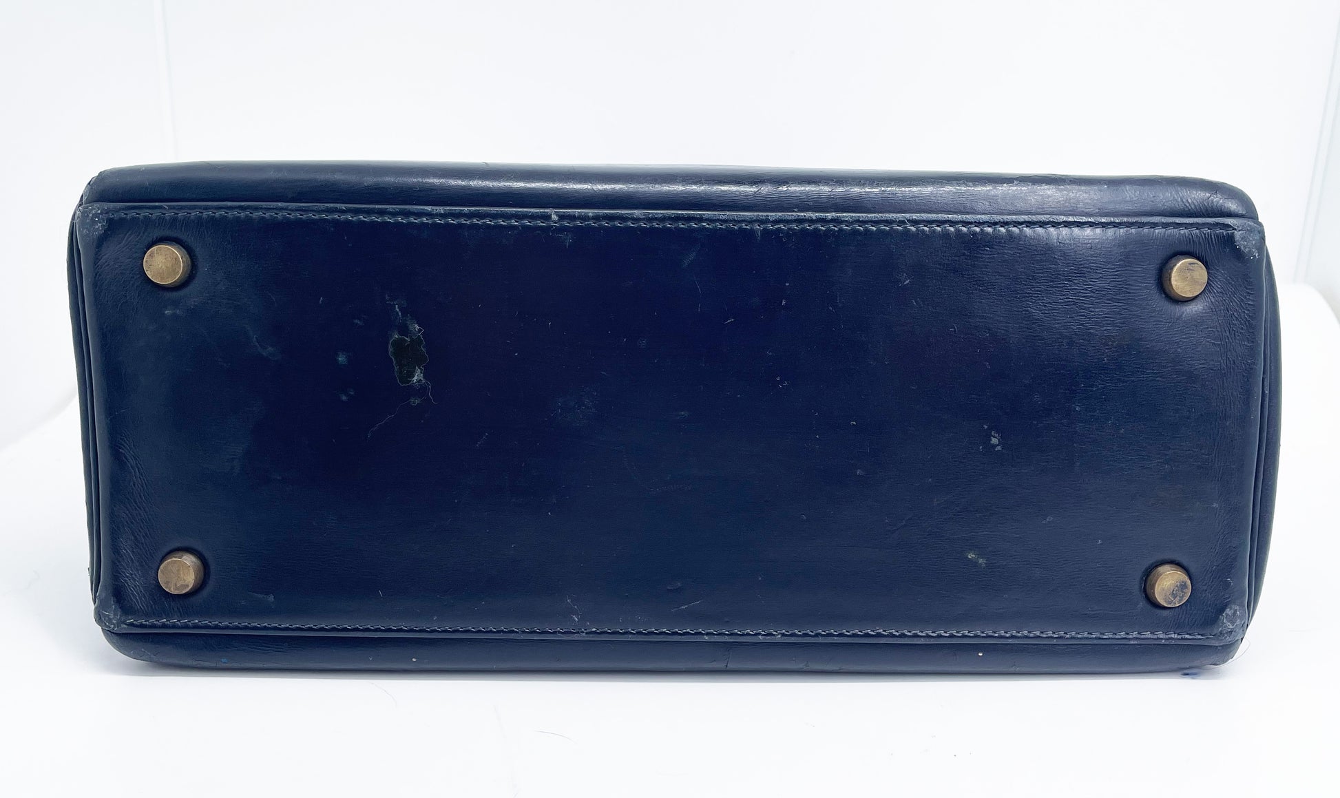 Sac Vintage Hermès Kelly 28 bleu marine en cuir de box - Soline