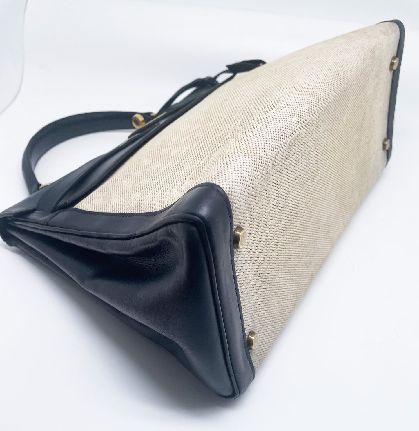 sac à main Hermès Kelly 32 retourne bi-matière en box de cuir bleu marine et toile beige - Soline