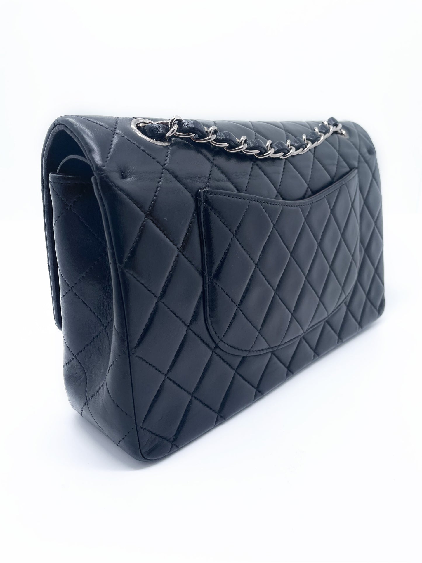 Sac Chanel Timeless médium 25 cm à double rabat en cuir d'agneau matelassé noir - Soline
