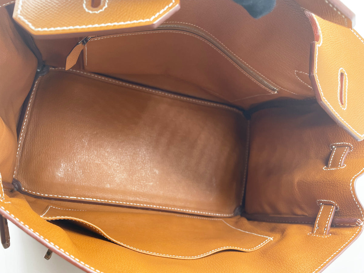 Sac à main Hermès Birkin 35 Gold en cuir Espom et couture blanche - Soline