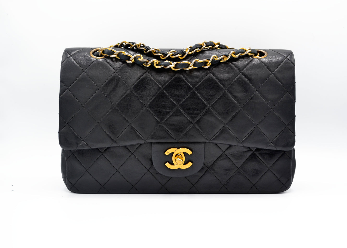 Sac Chanel Classique 25 cm vintage double rabat en cuir noir - Soline