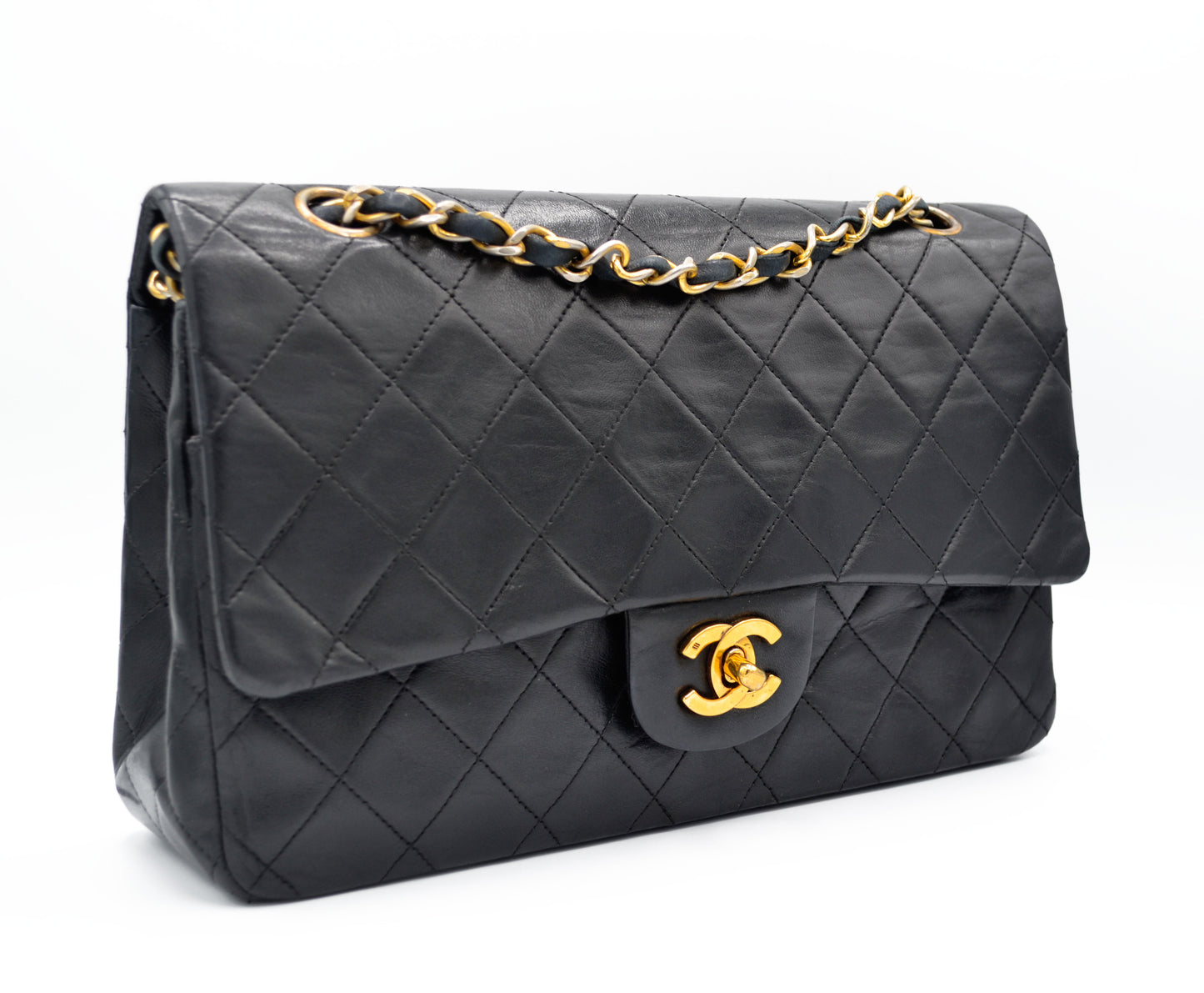 Sac Chanel Classique 25 cm vintage double rabat en cuir noir - Soline