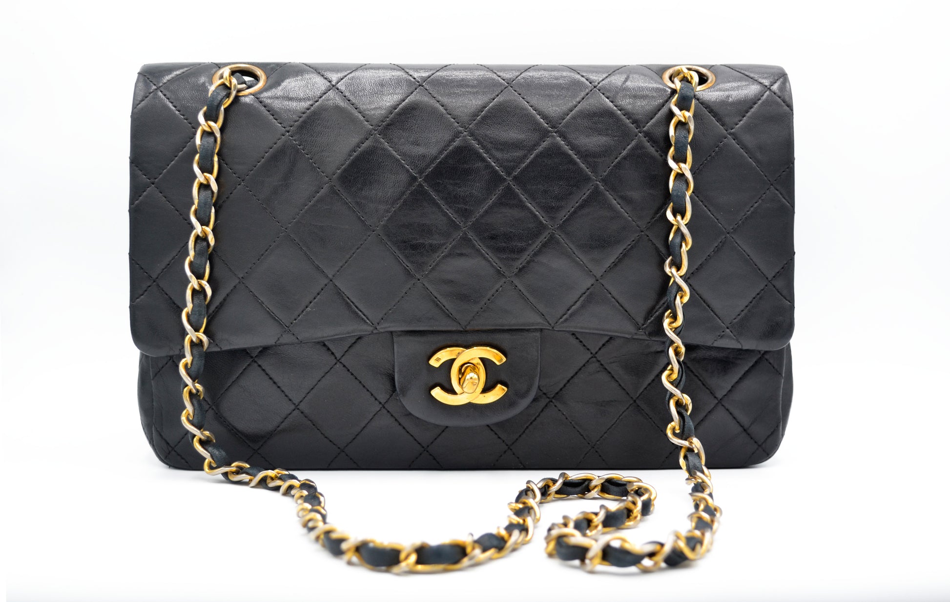 Sac Chanel Classique 25 cm vintage double rabat en cuir noir - Soline