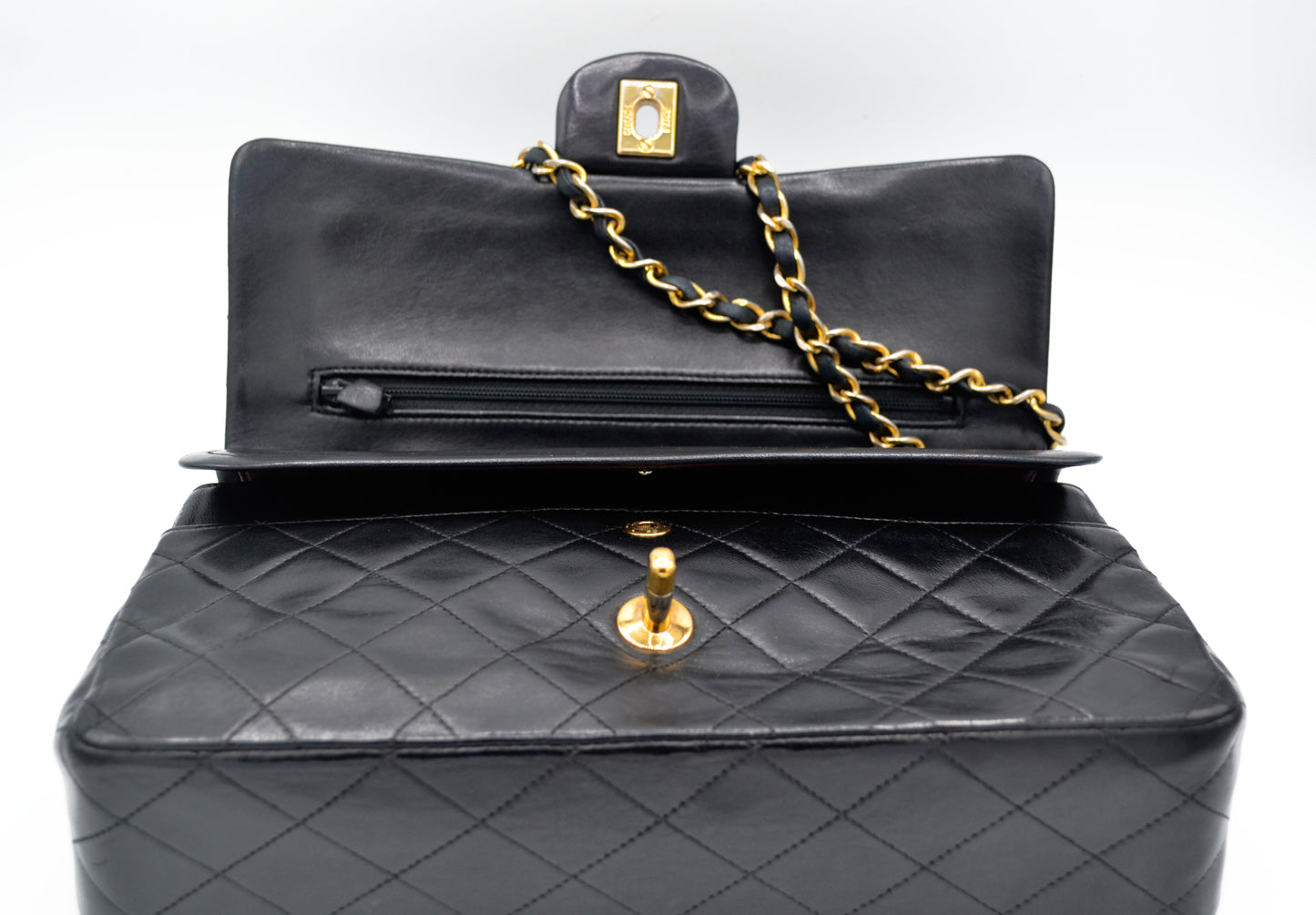 Sac Chanel Classique 25 cm vintage double rabat en cuir noir - Soline