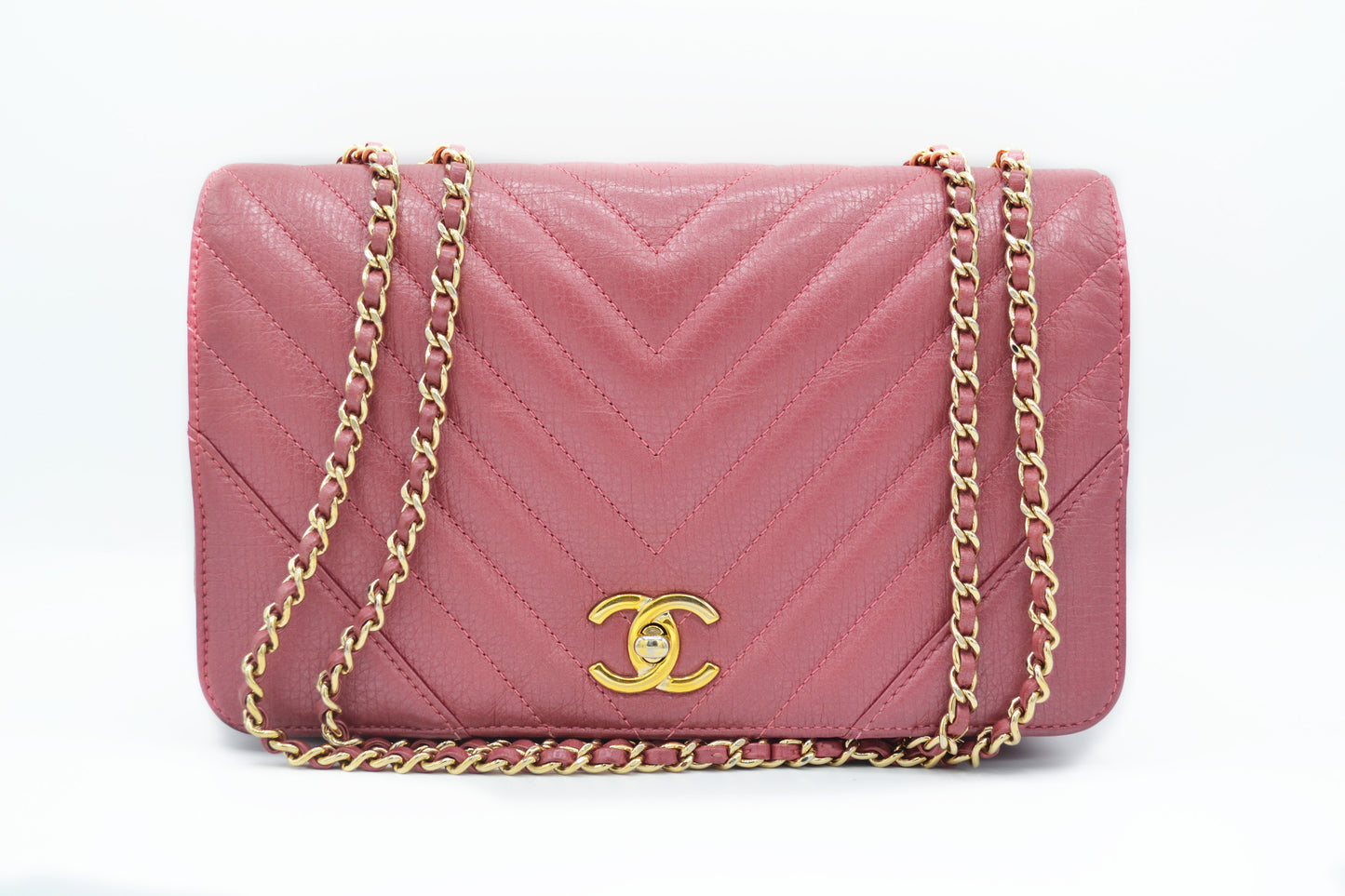 Sac à bandoulière à rabat en cuir de veau Chanel Chevron rose - Soline