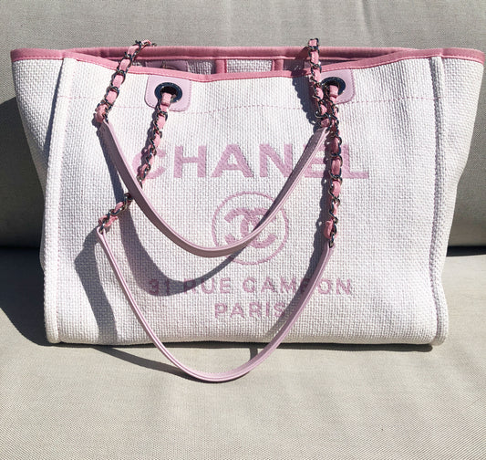 Sac Cabas Deauville en raphia rose et blanc