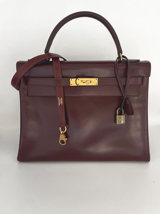 Sac Hermès Kelly 32 en cuir de box bordeaux - Soline