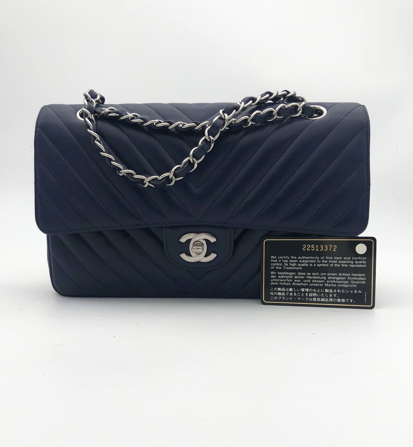 Chanel sac à main timeless / classique chevron cuir grainé bleu nuit. - Soline