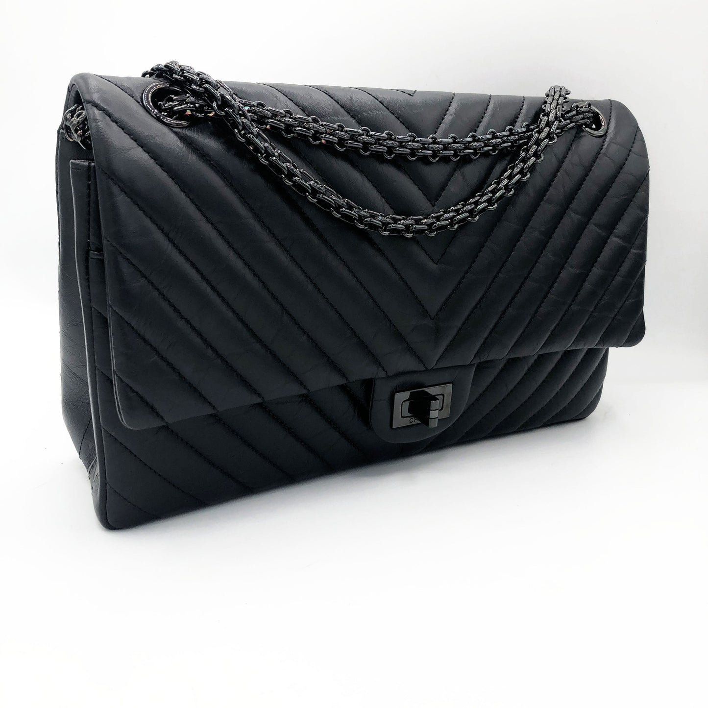 Grand Sac 2.55 Chanel So Black Chevron à double rabat - Soline