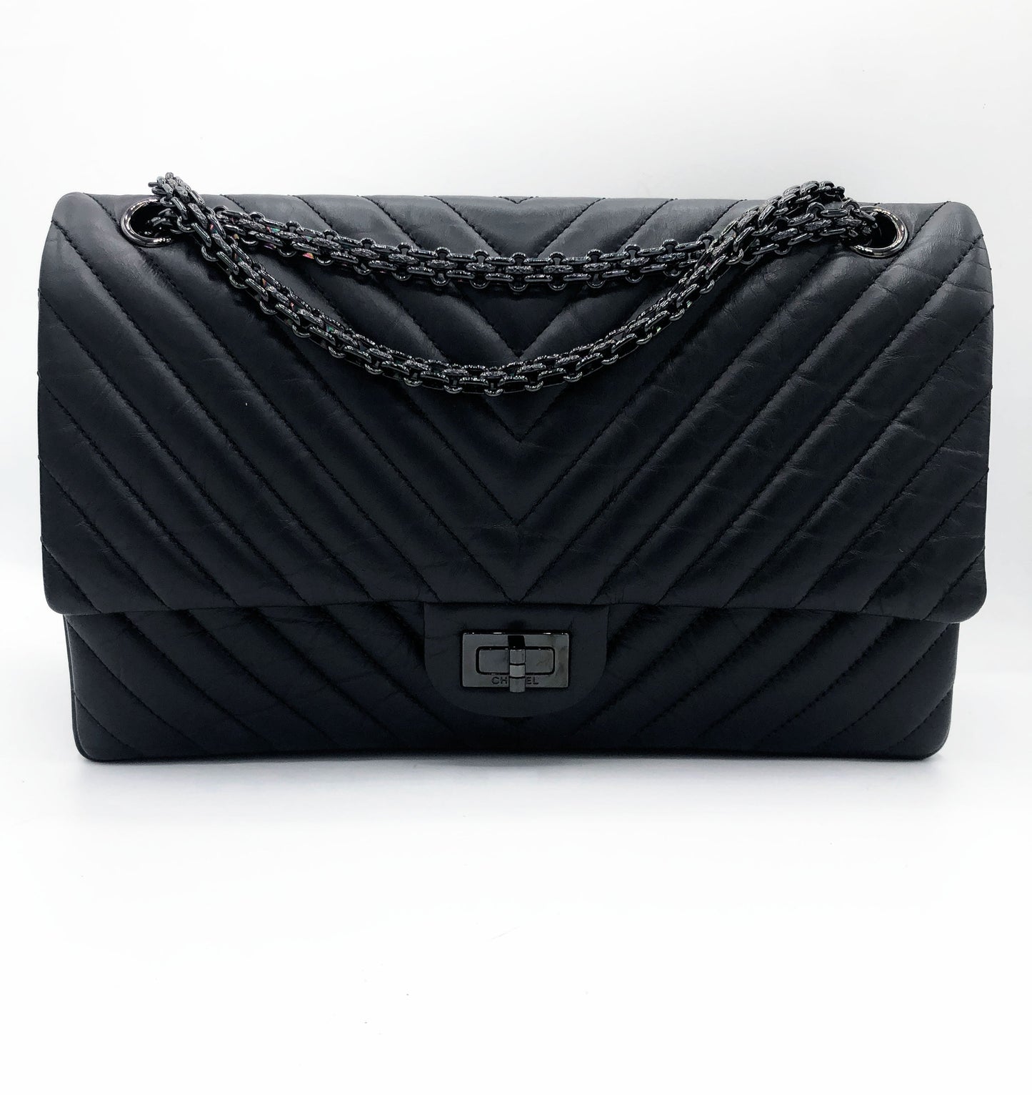 Grand Sac 2.55 Chanel So Black Chevron à double rabat - Soline
