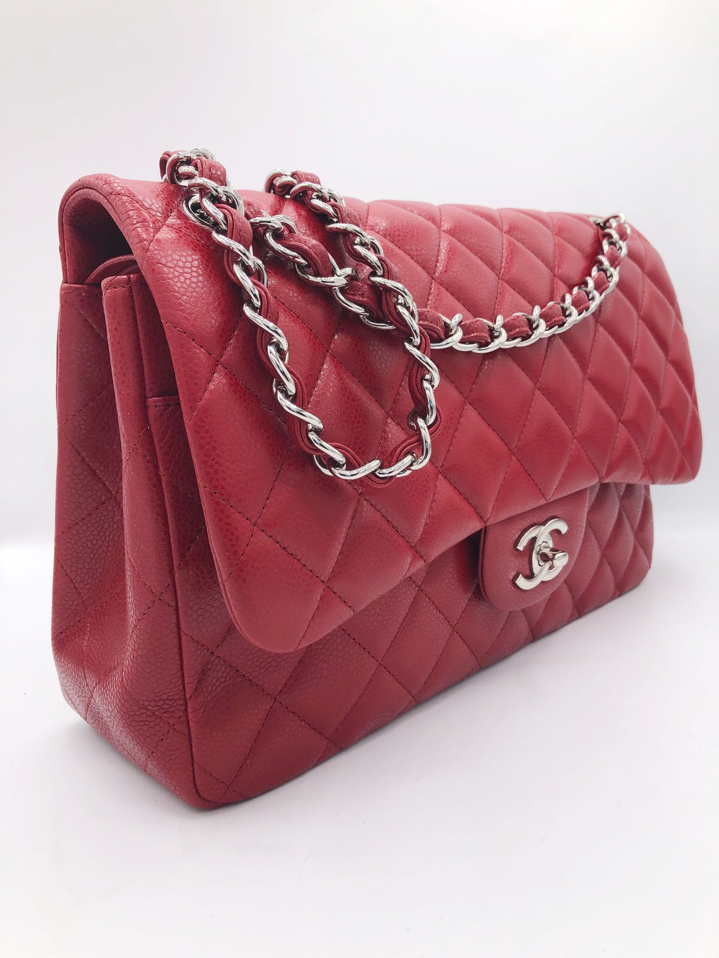 Grand Sac Chanel classique / timeless matelassé en cuir rouge caviar - Soline