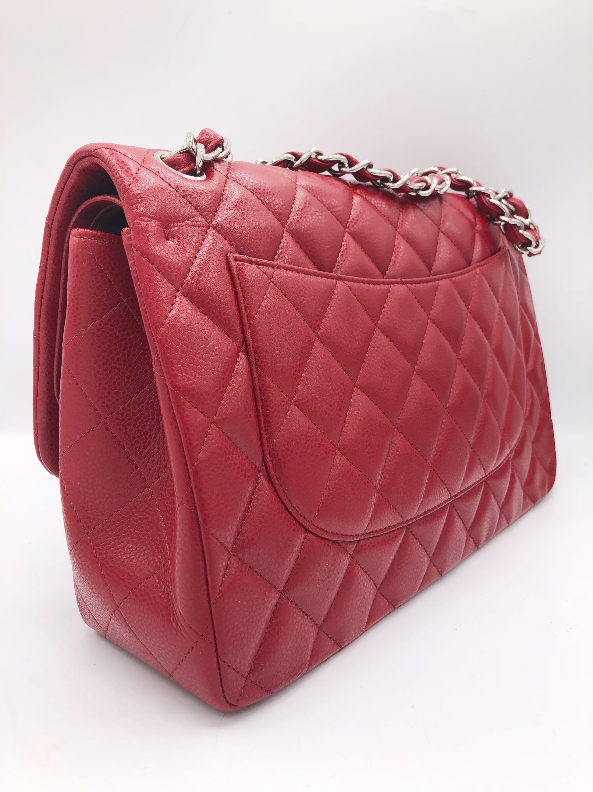 Grand Sac Chanel classique / timeless matelassé en cuir rouge caviar - Soline