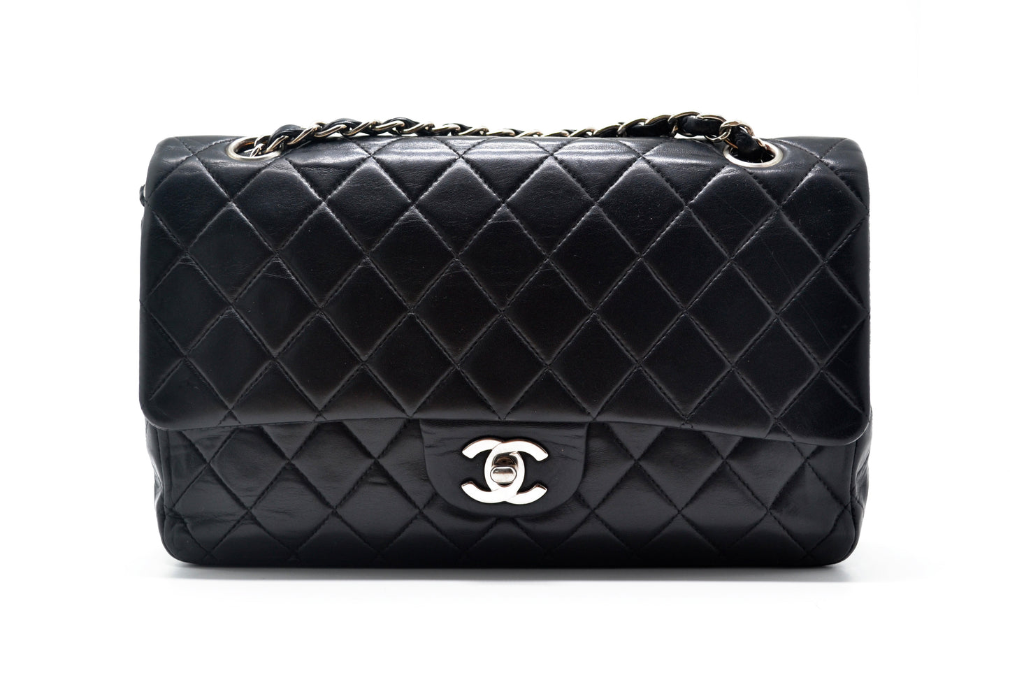 Sac à main Classique en cuir d'agneau noir et métal argenté. - Soline