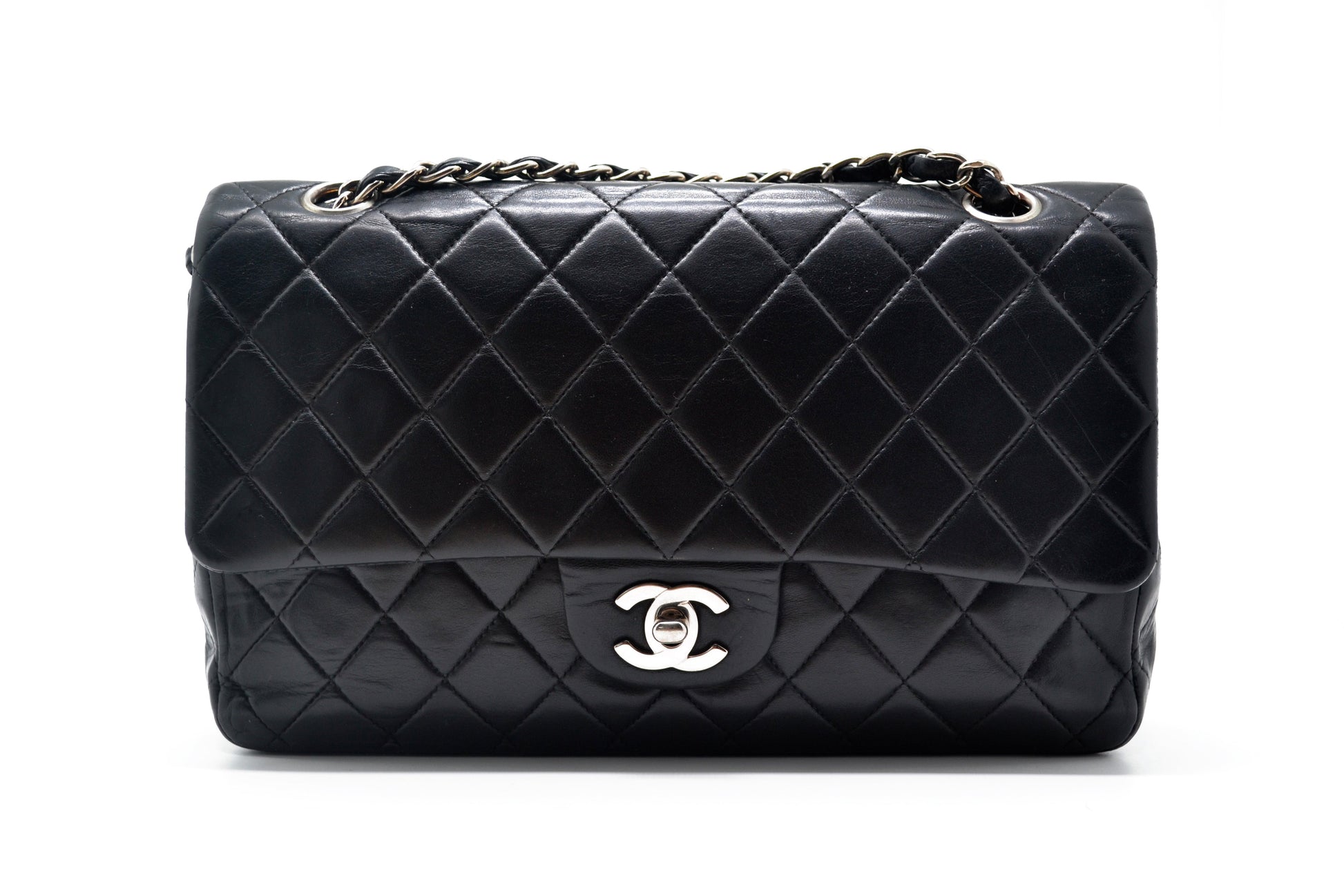 Sac à main Classique en cuir d'agneau noir et métal argenté. - Soline