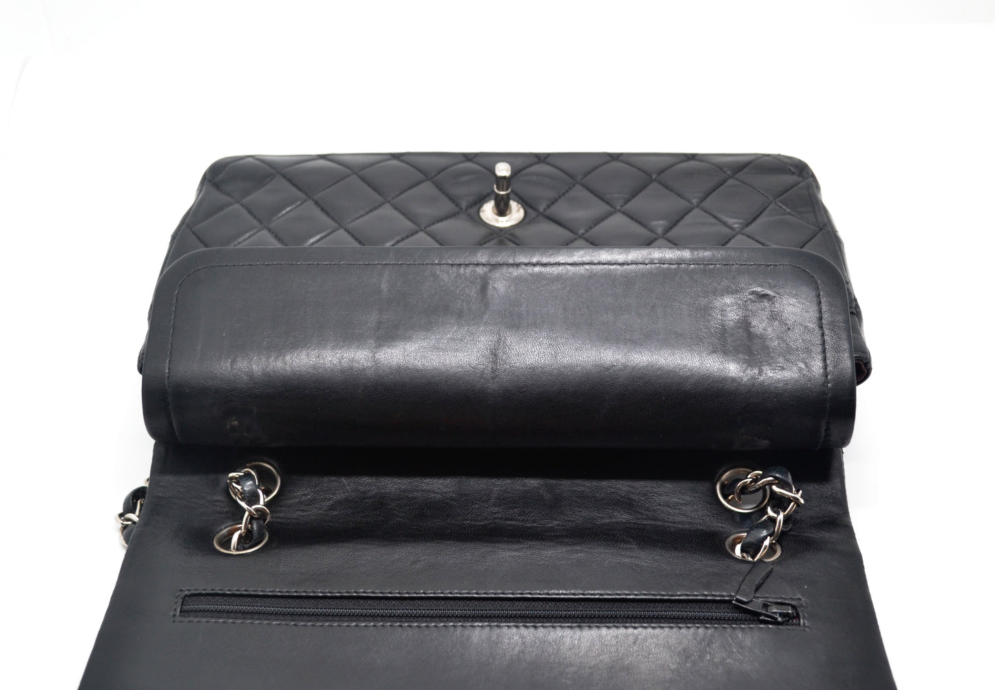 Sac à main Classique en cuir d'agneau noir et métal argenté. - Soline