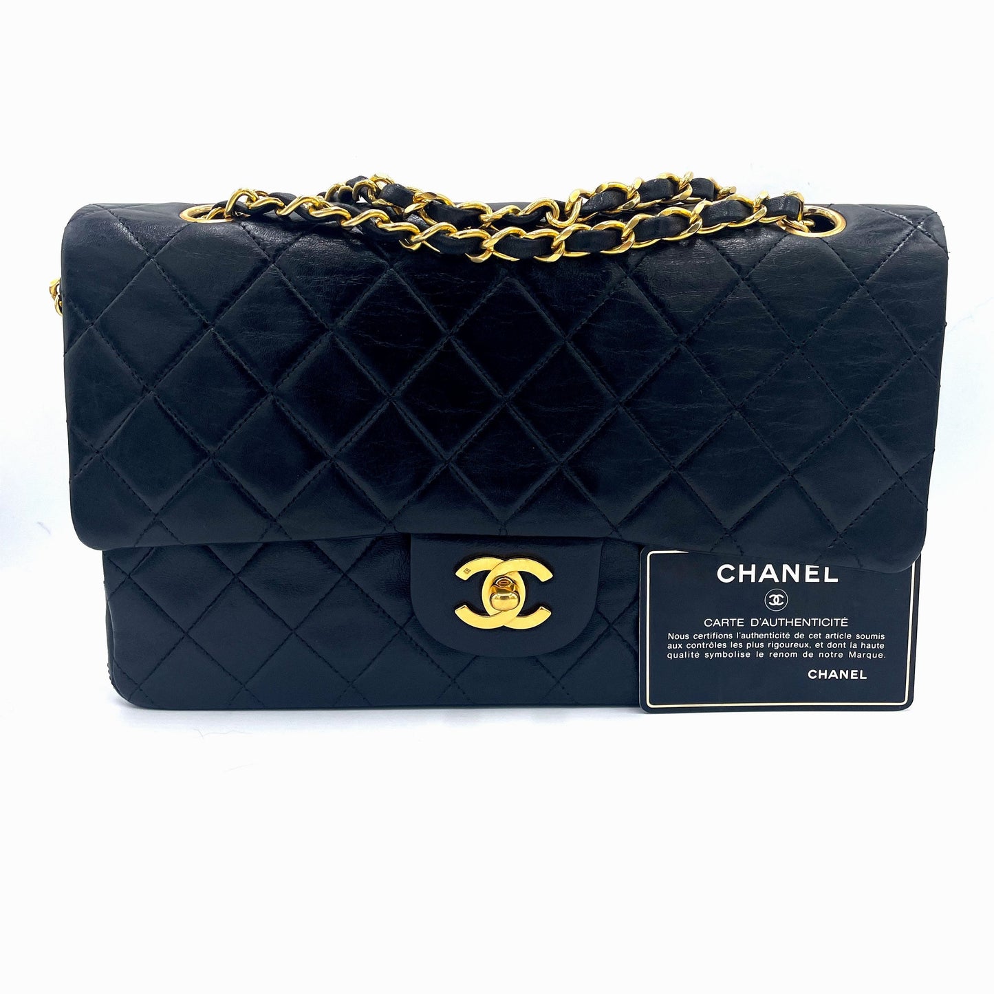 Sac à main Classique en cuir d'agneau noir et métal doré plaqué or - Soline