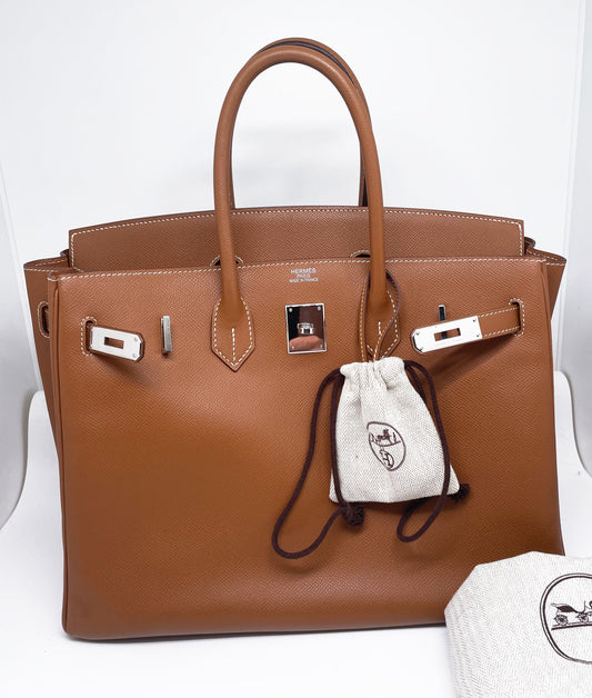 Sac à main Hermès Birkin 35 Gold en cuir Espom et couture blanche - Soline