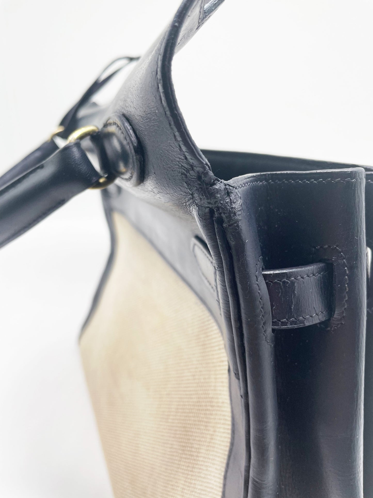 sac à main Hermès Kelly 32 retourne bi - matière en box de cuir bleu marine et toile beige - Soline