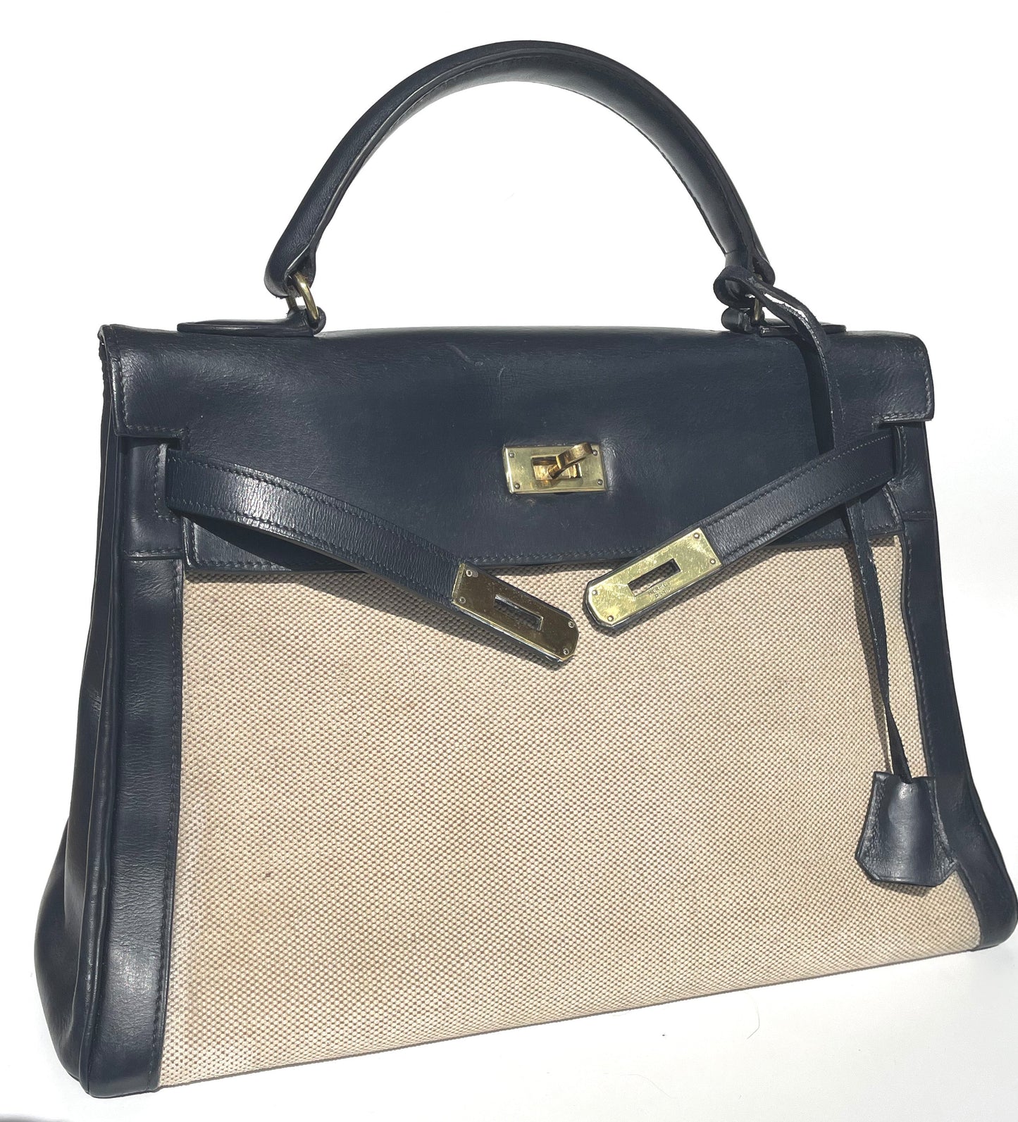 sac à main Hermès Kelly 32 retourne bi - matière en box de cuir bleu marine et toile beige - Soline