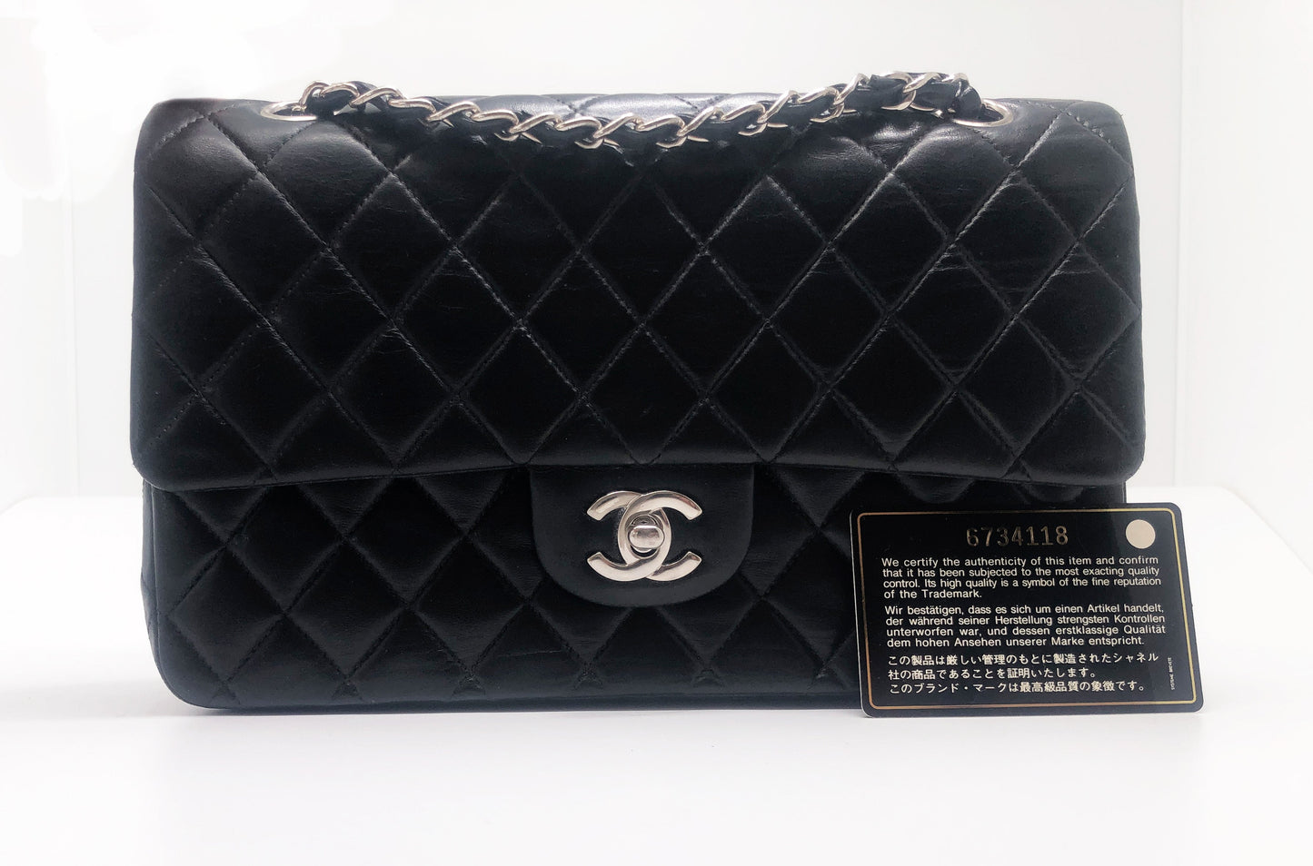Sac a main Timeless médium 25 cm à double rabat en cuir d'agneau matelassé noir - Soline