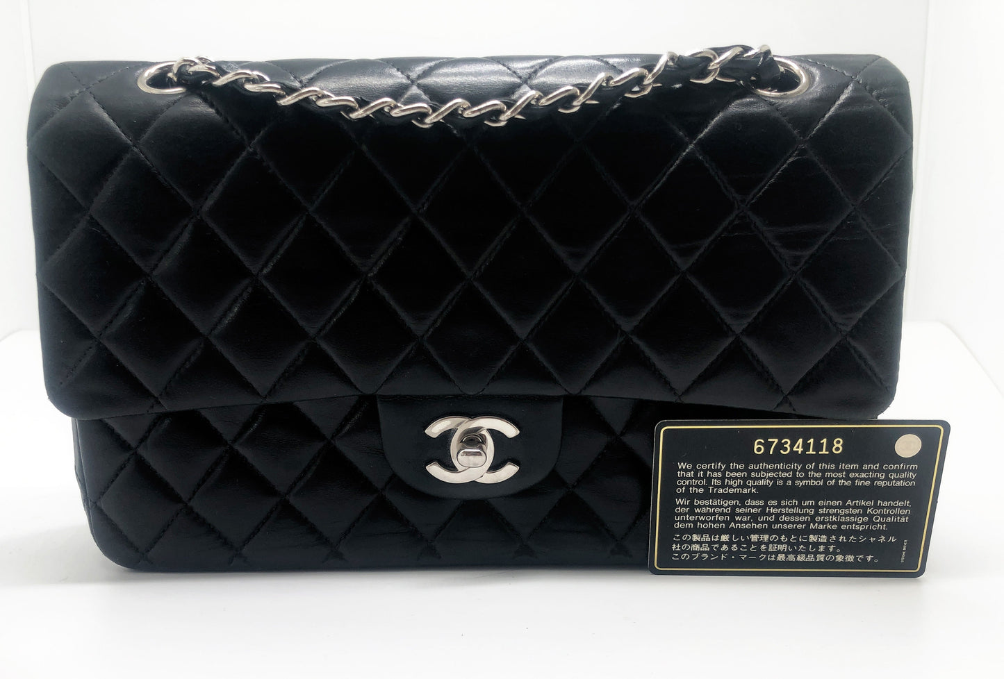 Sac a main Timeless médium 25 cm à double rabat en cuir d'agneau matelassé noir - Soline