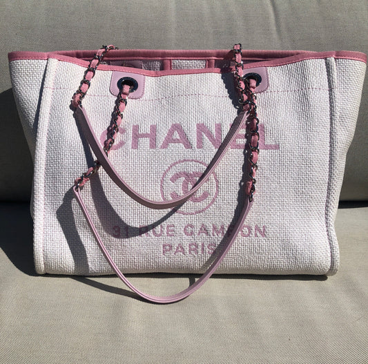 Sac Cabas Deauville en raphia rose et blanc - Soline