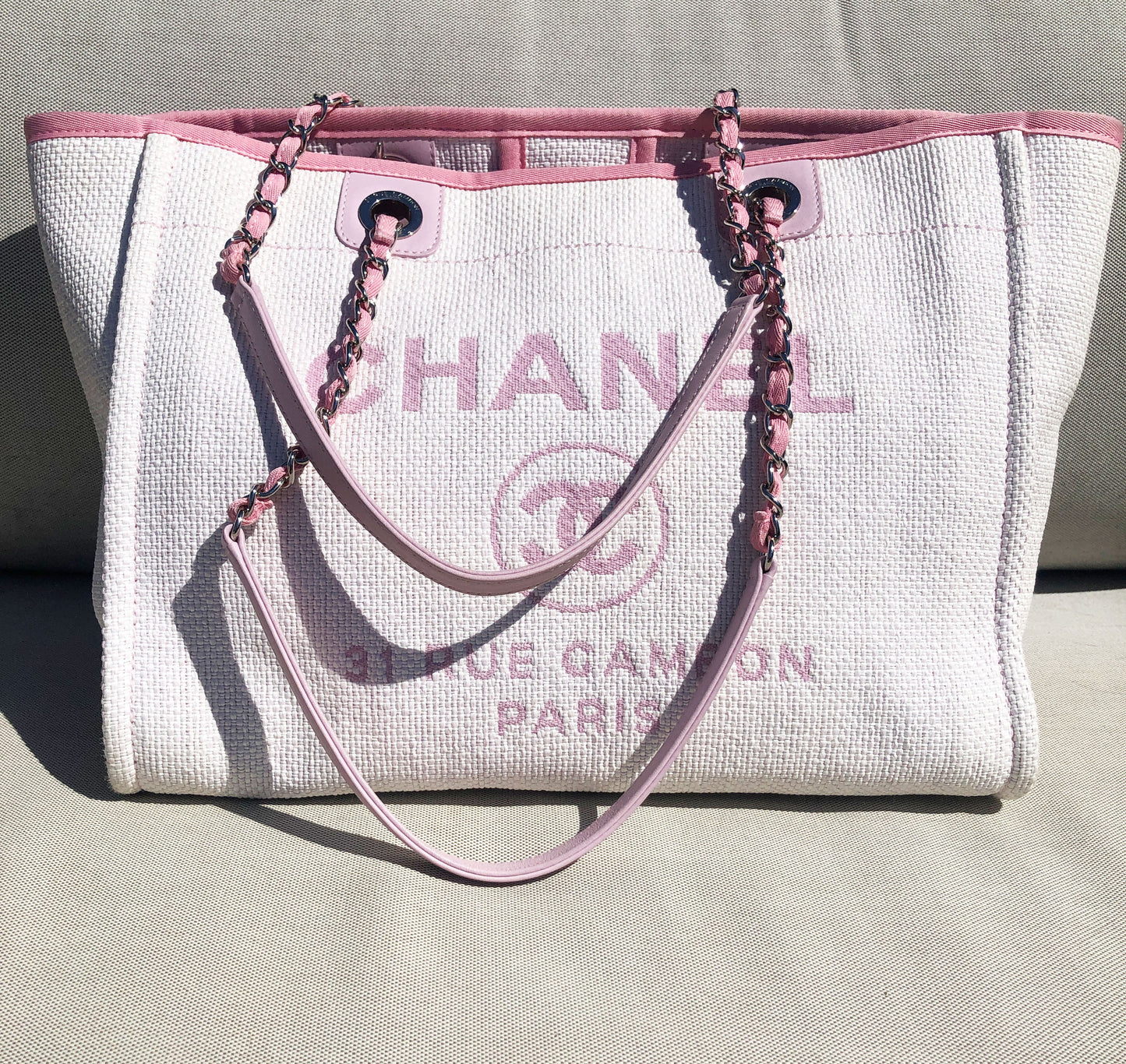 Sac Cabas Deauville en raphia rose et blanc - Soline