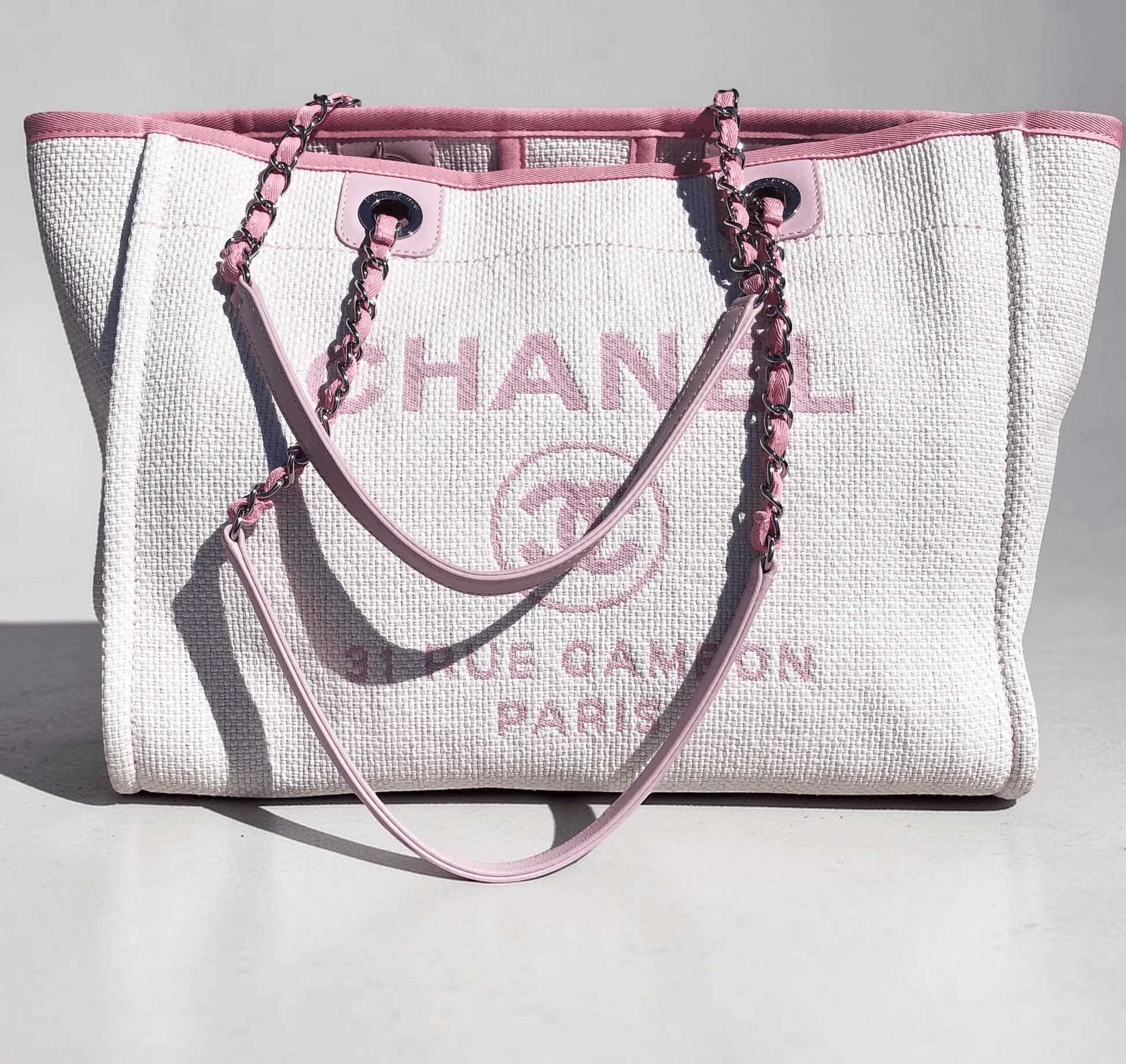 Sac Cabas Deauville en raphia rose et blanc - Soline