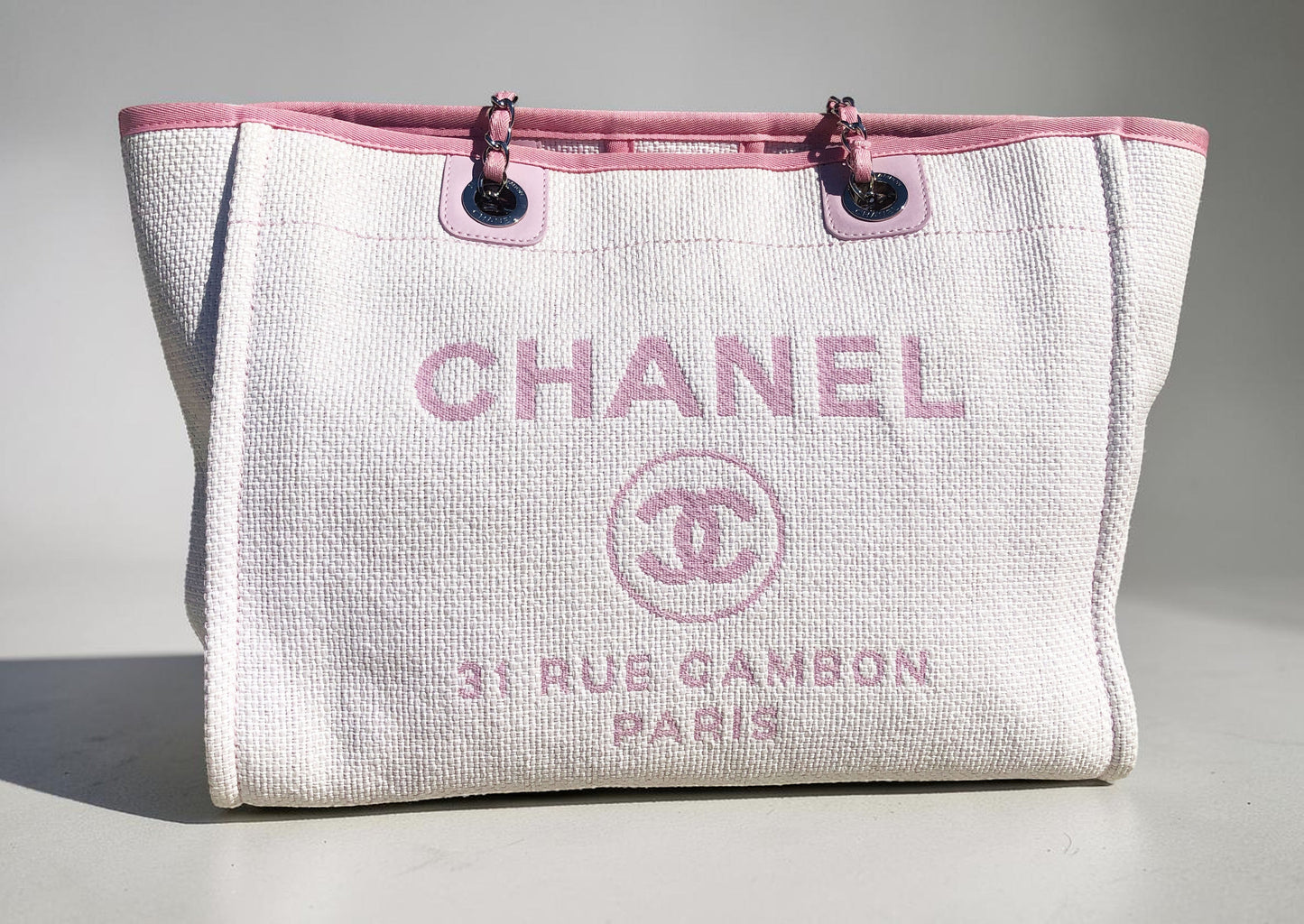 Sac Cabas Deauville en raphia rose et blanc - Soline